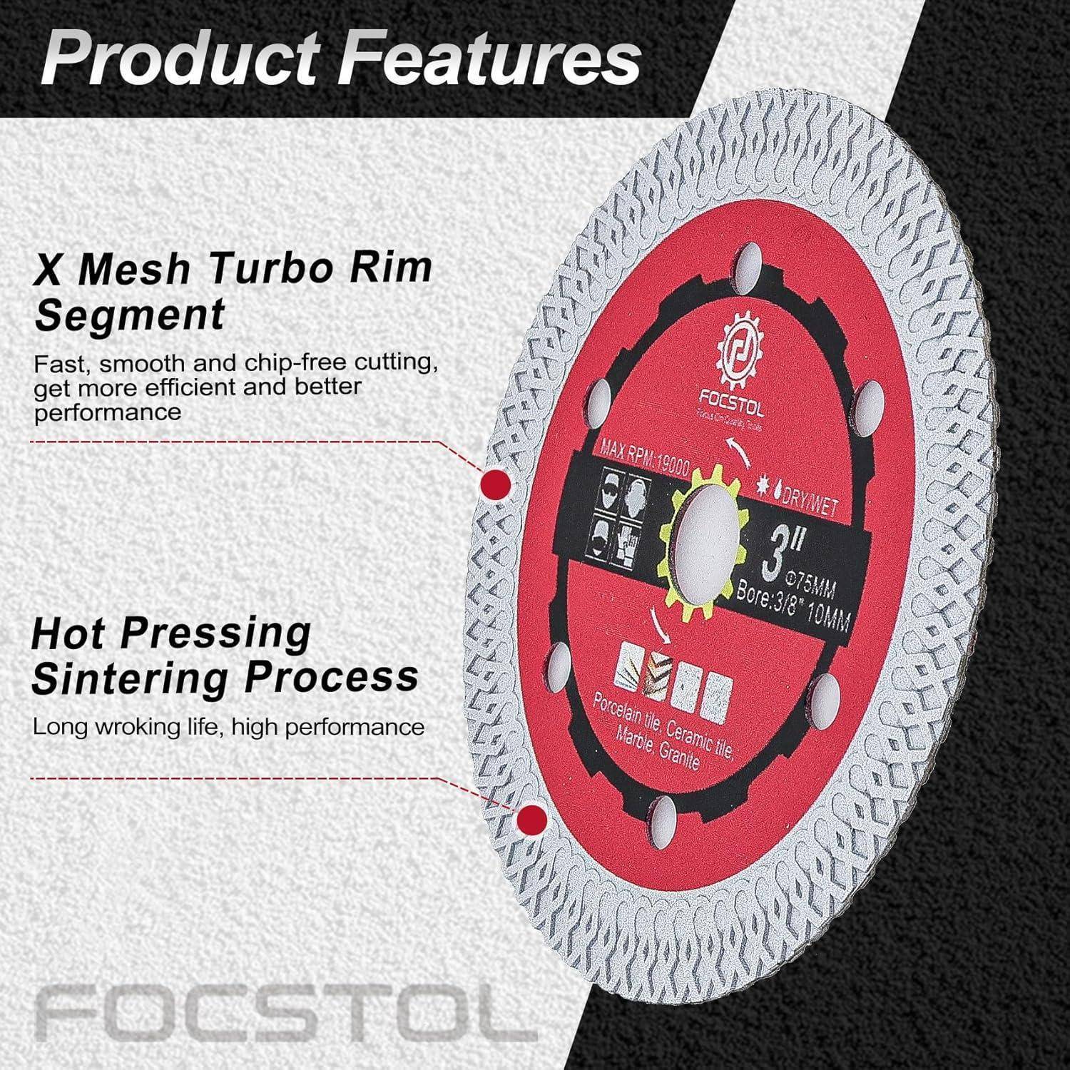 Produktmerkmale: X Mesh Turbo Randabschnitt für schnelles, splitterfreies Schneiden. Der Heißpressinter-Sinterprozess gewährleistet eine lange Lebensdauer.' Kreissägeblatt-Bild mit Beschriftungen.