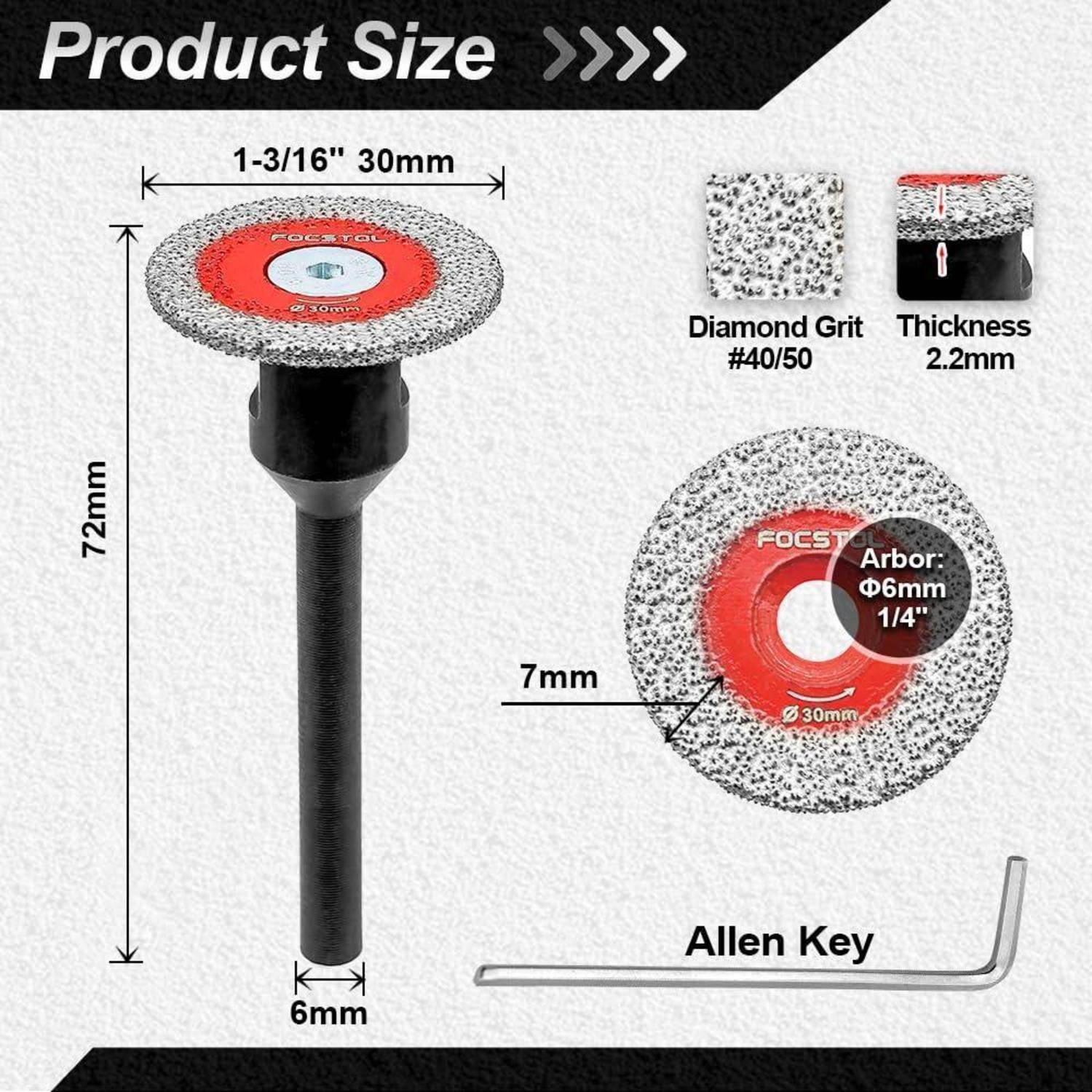 Produktgröße für ein Diamantschleifwerkzeug: 72 mm Länge, Klinge mit 30 mm Durchmesser und 6 mm Schaftdurchmesser. Inklusive eines Innensechskant-Schlüssels.