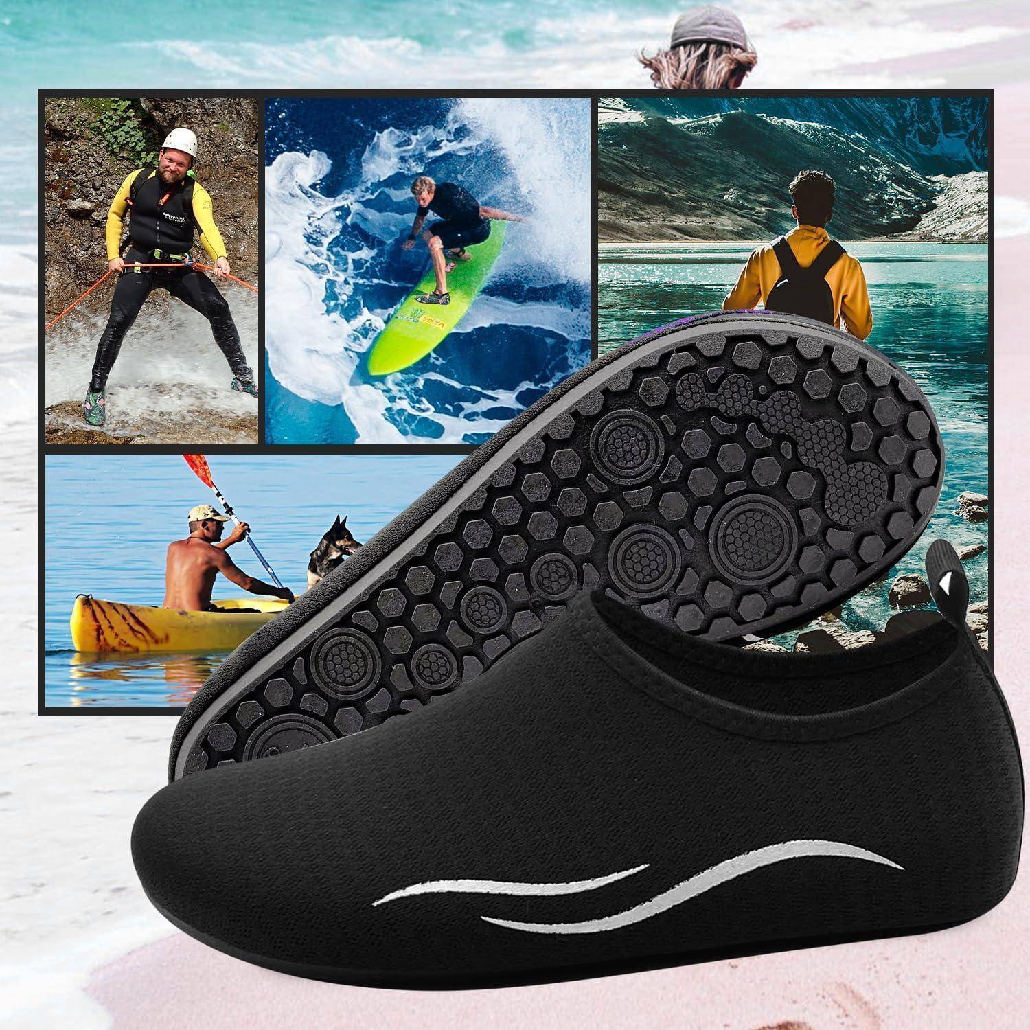 Wasserschuhe, präsentiert in einer Collage von Outdoor-Wassersportaktivitäten: Klettern an Felsen, Surfen, Kajakfahren. Fokus auf Grip und Vielseitigkeit.