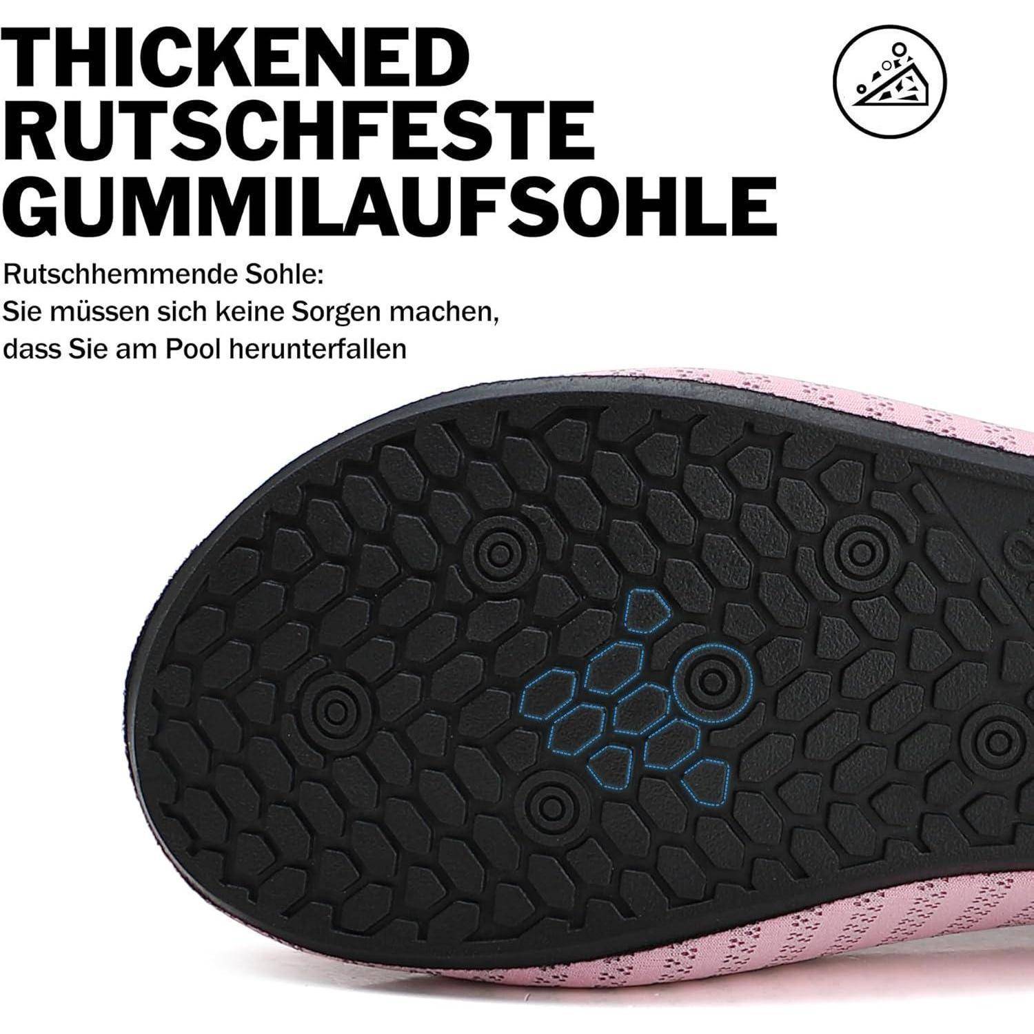 Schuh mit dicker, rutschfester Gummisohle; Text auf Englisch und Deutsch betont seine rutschhemmende Eigenschaft und gewährleistet sicheren Halt.