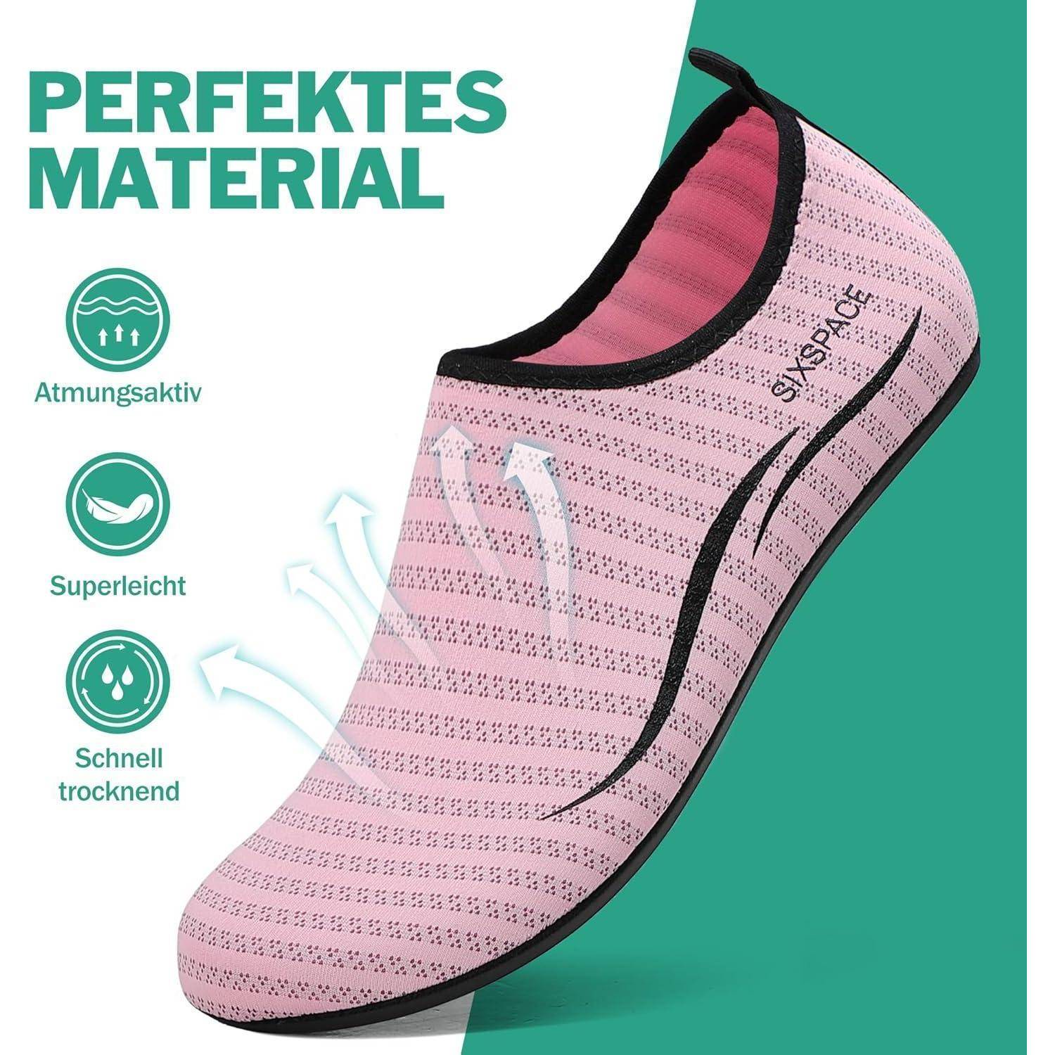 Ein pinker Slipper aus atmungsaktivem Material, mit leichter Konstruktion und schnell trocknendem Gewebe. Text lautet ‚Perfektes Material', wobei Komfort betont wird.