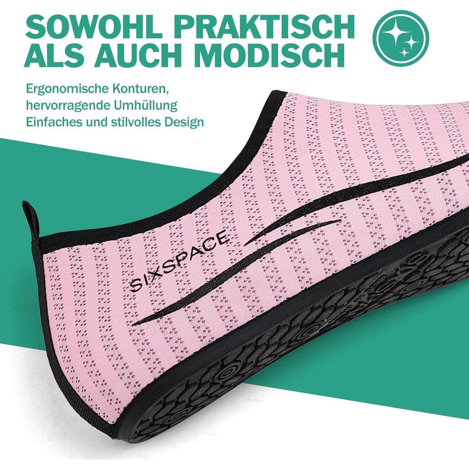 Ein rosa Schuh mit schwarzer Sohle, der ergonomische Konturen und ein stilvolles Design zeigt. Text liest sich: 'Sowohl praktisch als auch modisch' und 'SIXSPACE'.