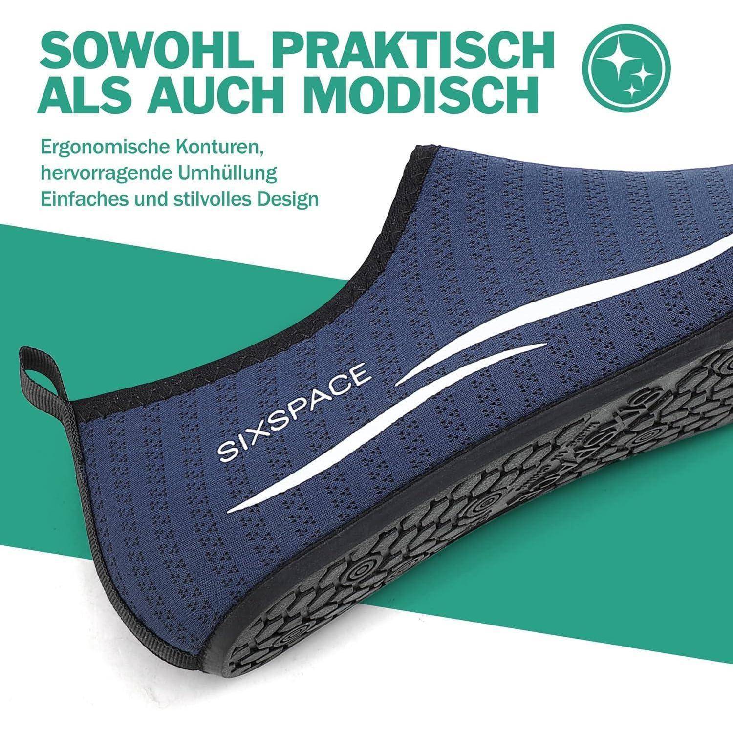 Marineblaue Schuh mit schwarzer Sohle. Verfügt über ergonomische Konturen und stilvolles Design. Markenname „SIXSPACE