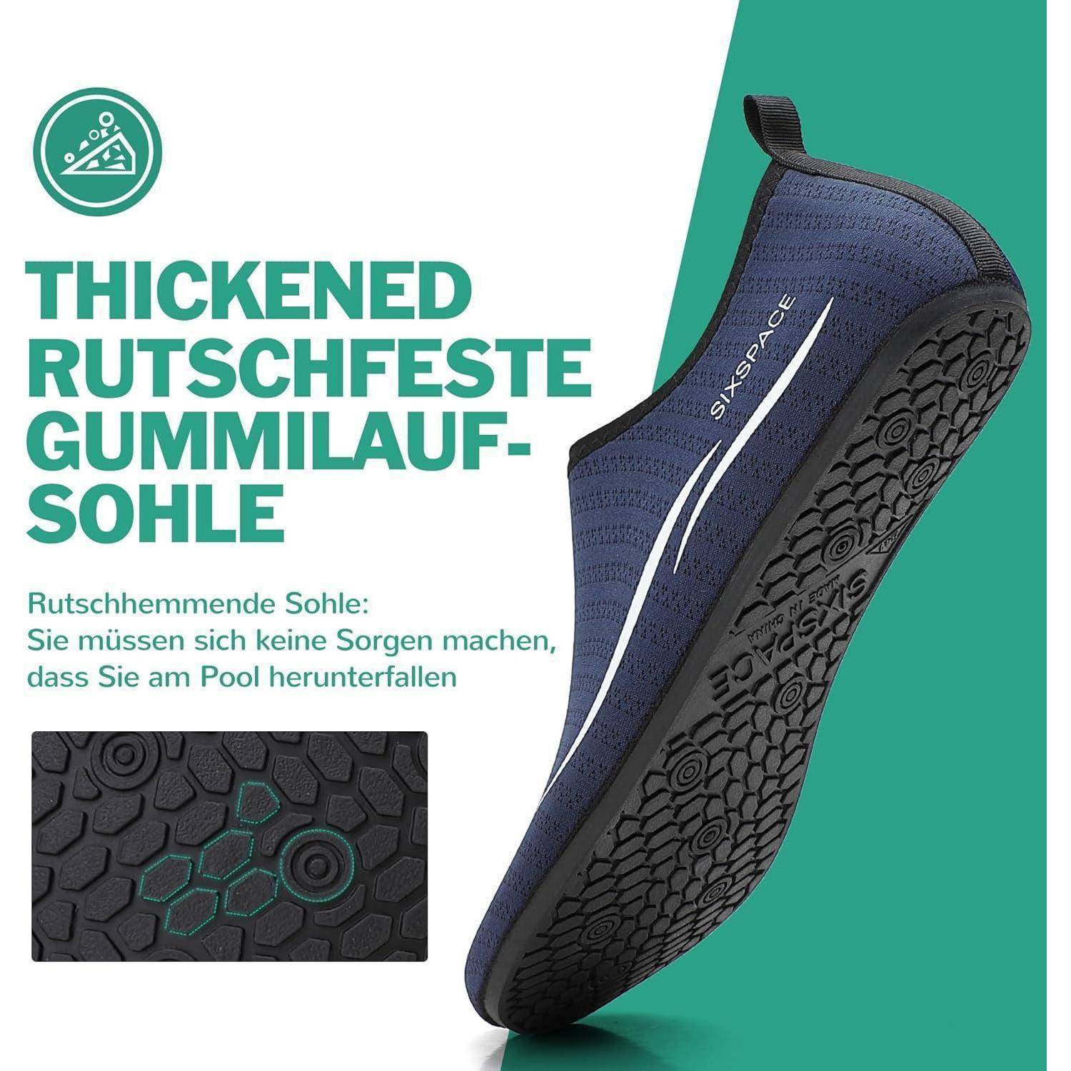 Nahaufnahme eines Schuhs mit einer dicken, rutschfesten Gummisohle. Der Text betont die Antirutsch-Eigenschaft, die ideal für nasse Bereiche wie Schwimmbäder ist.