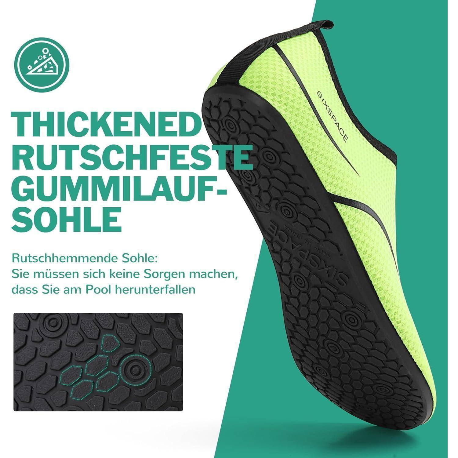 Grüner Wasserschuh mit einer verstärkten, rutschfesten Sohle. Der Text betont die Sicherheit und verhindert Ausrutschen rund um einen Pool.