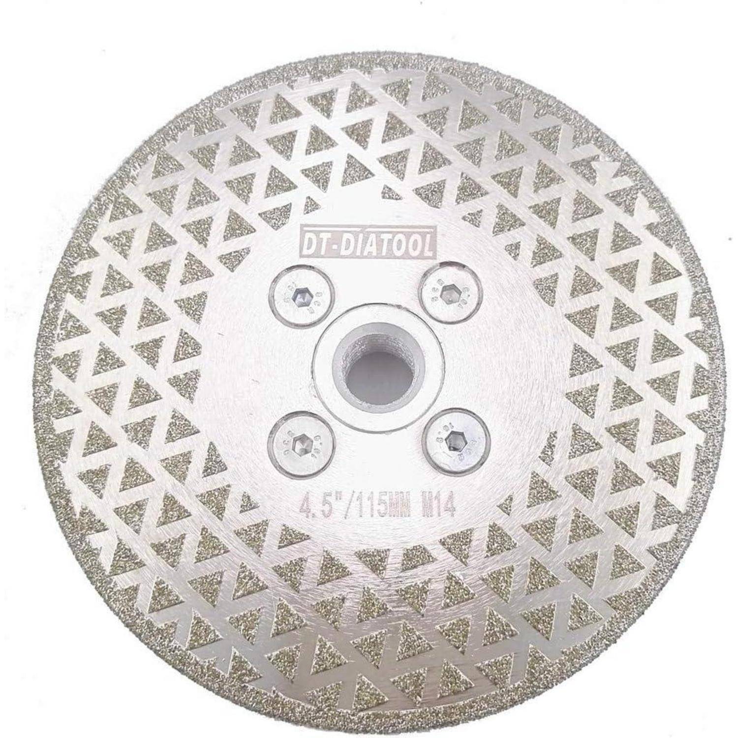 Eine kreisförmige Diamantsägeblatt mit dreieckigen Mustern, gekennzeichnet mit 'DT-DIATOOL'. Beschriftet mit 4,5 Zoll/115 mm, M14. Konzipiert für Schneidwerkzeuge.