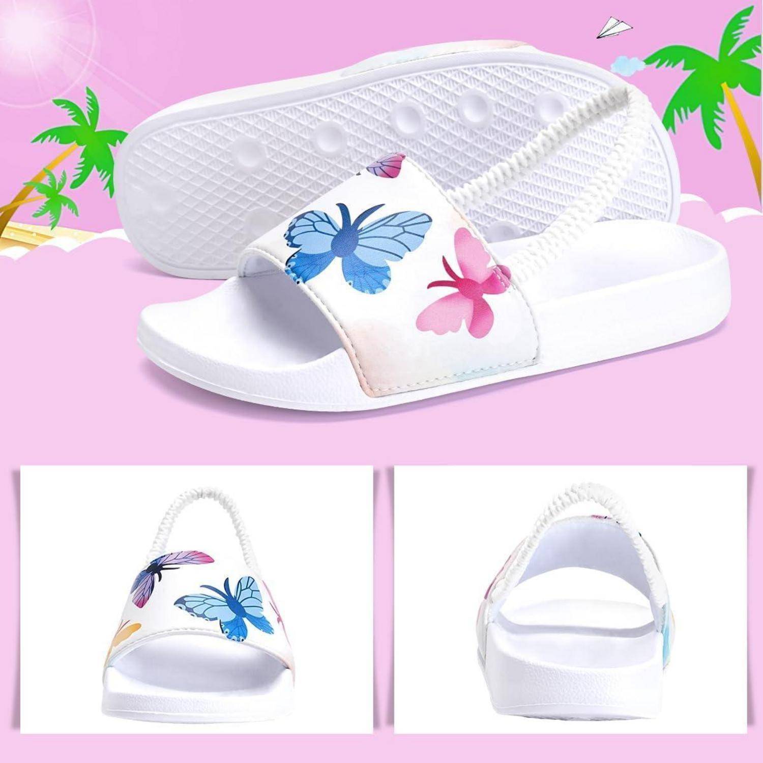 Weißer Slide-Sandale mit buntem Schmetterlings-Design auf dem Riemen, aus verschiedenen Blickwinkeln dargestellt. Hintergrund umfasst Palmen und einen rosa Himmel.