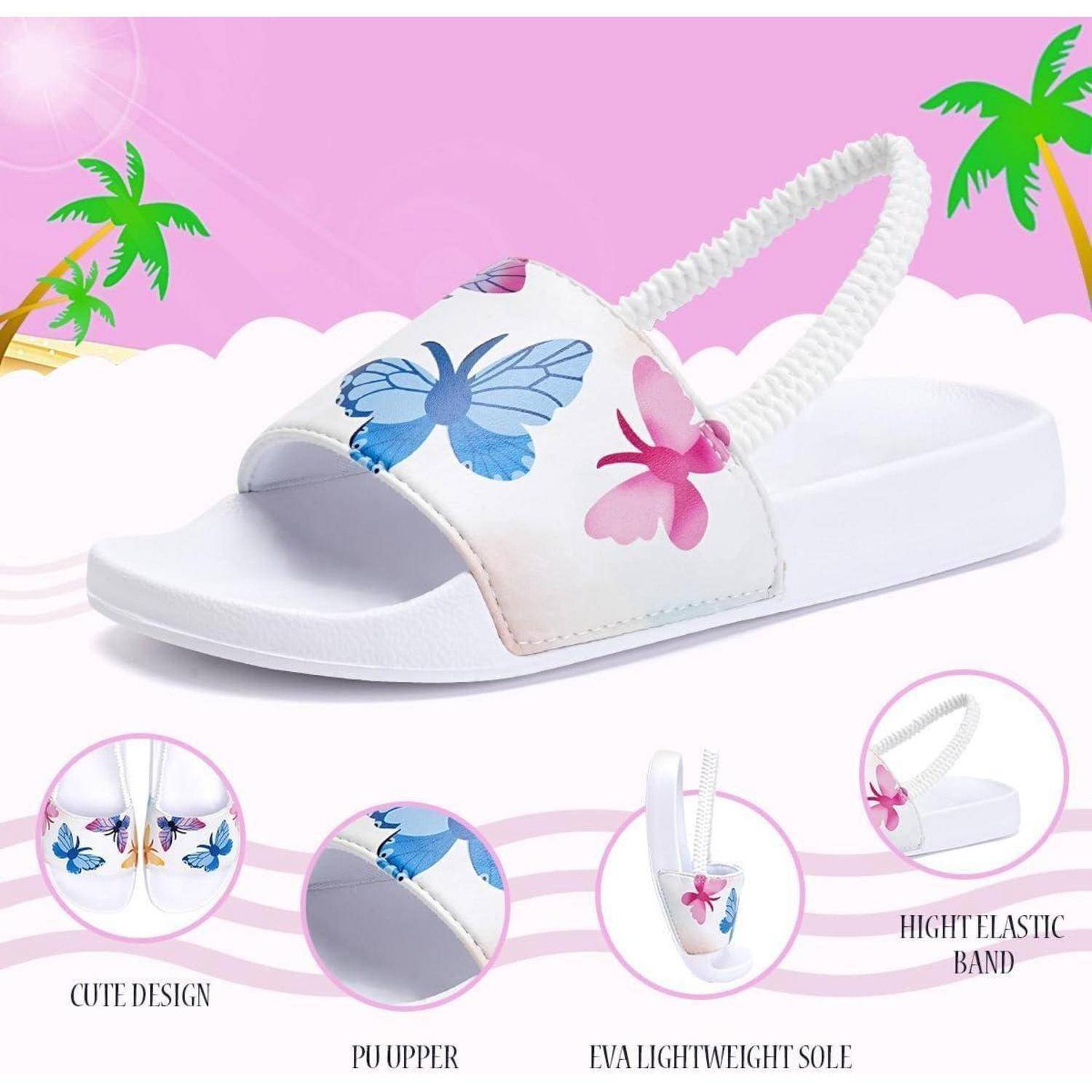 Ein weißer Sandale mit rosa und blauen Schmetterling-Designs, versehen mit einem hohen elastischen Band, wird vor einem tropischen Hintergrund präsentiert. Icons heben Merkmale wie die EVA-Leichtsohle und das PU-Obermaterial hervor.