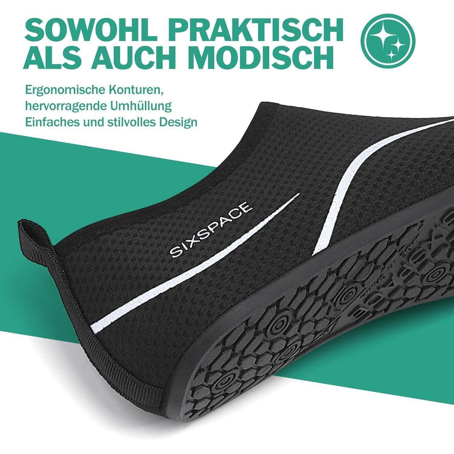 Ein Schuh mit flexiblem, elegantem Design, das geschwungene Konturen und eine strukturierte Sohle zeigt. Text lautet: 'Sowohl praktisch als auch modisch'.