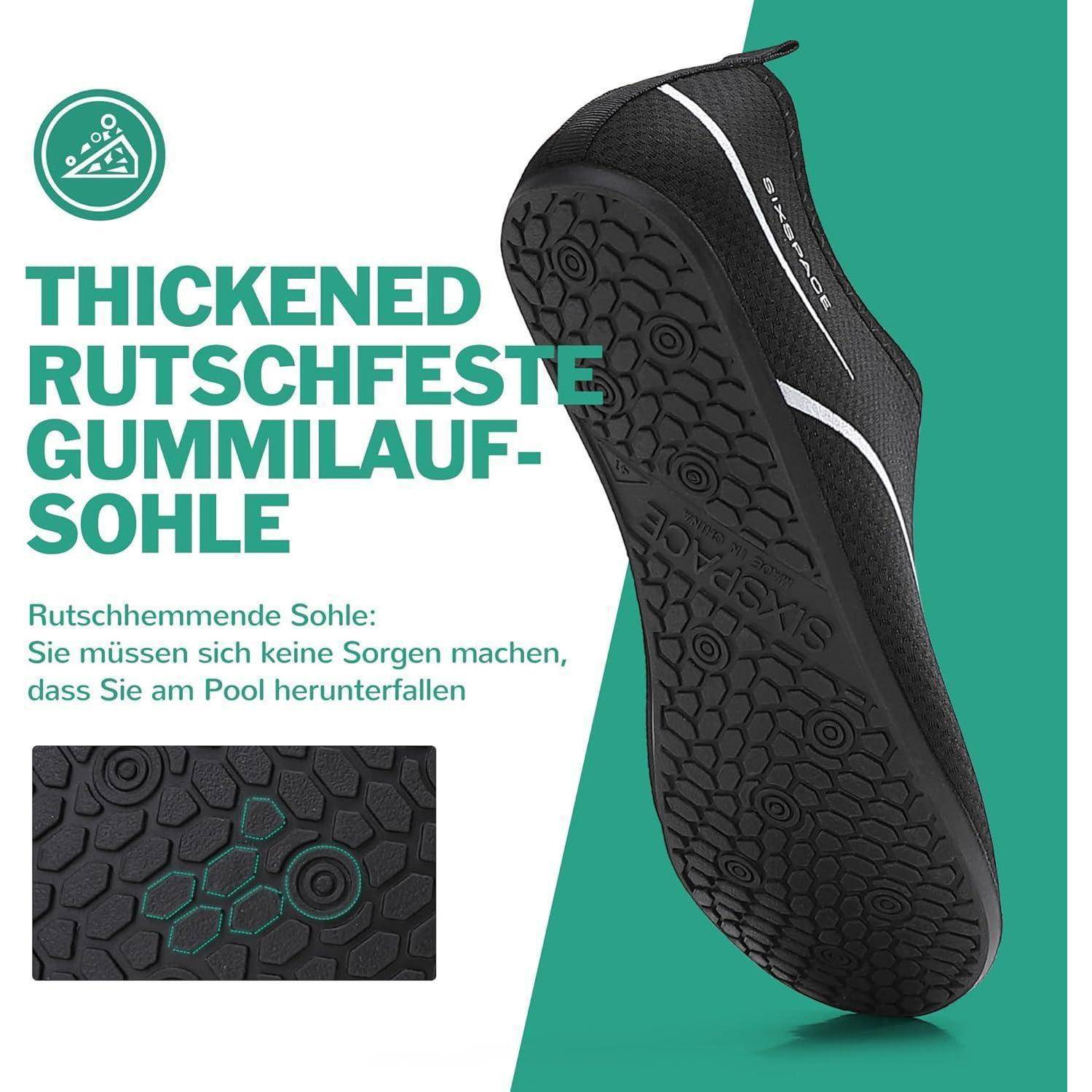 Nahaufnahme einer Gummisohle eines Schuhs mit geometrischen Mustern, daneben Text, der das rutschfeste und verstärkte Design zur Sicherheit hervorhebt.