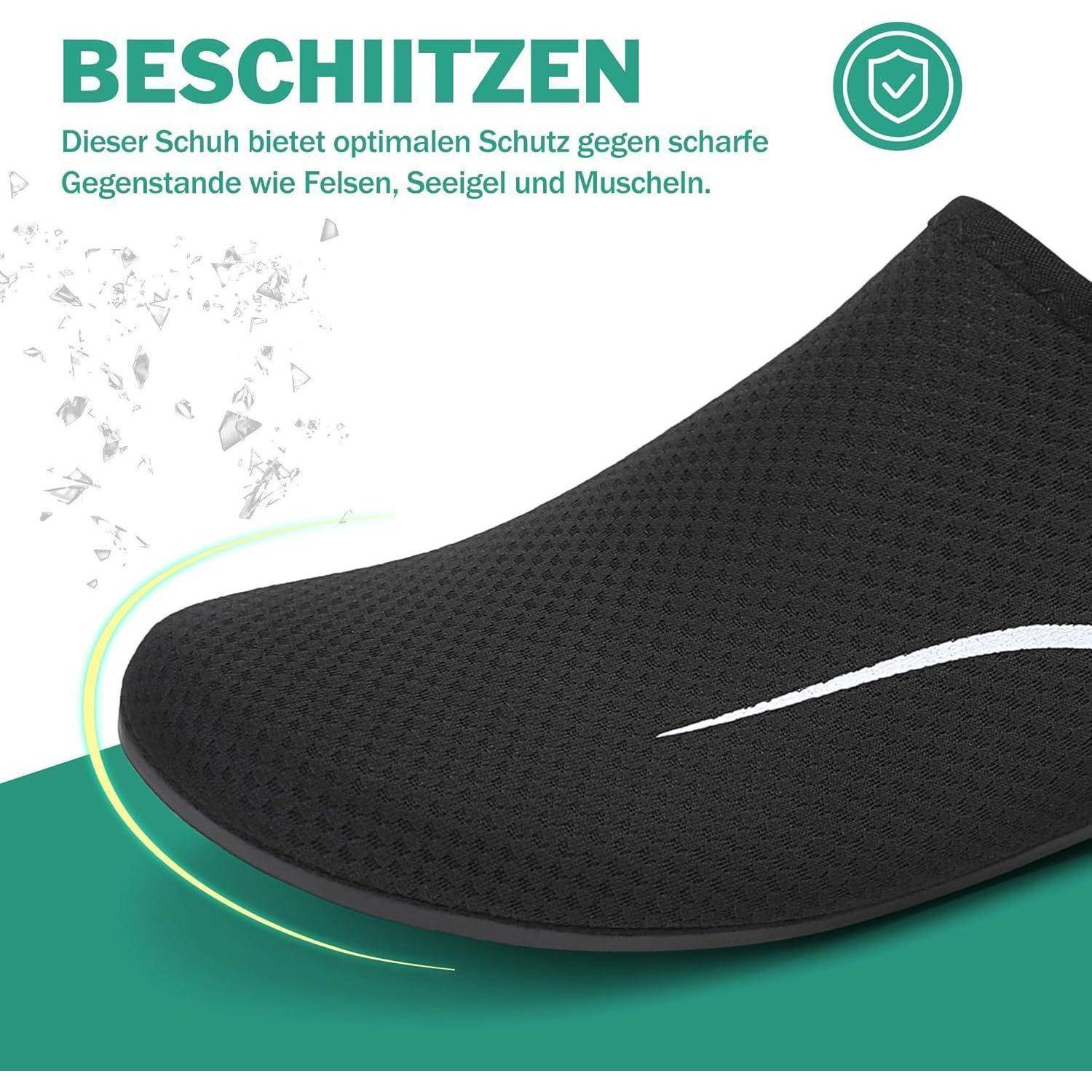 Ein schwarzer Schuh mit atmungsaktivem Maschendesign, ausgestattet mit einem weißen Swoosh. Text auf Deutsch hebt den Schutz vor scharfen Gegenständen hervor.