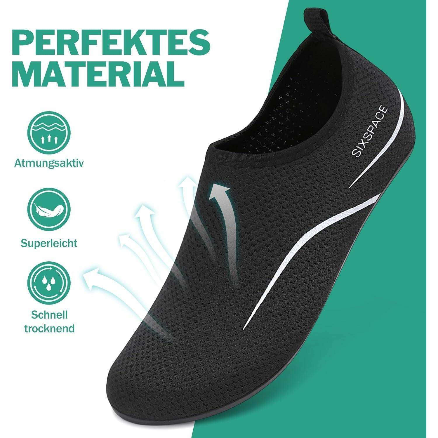Ein schwarzer Slip-on-Schuh mit der Bezeichnung 'Sixspace'. Textliche Hervorhebungen der Eigenschaften: atmungsaktiv ('Atmungsaktiv'), super leicht ('Superleicht') und schnell trocknend ('Schnell trocknend').