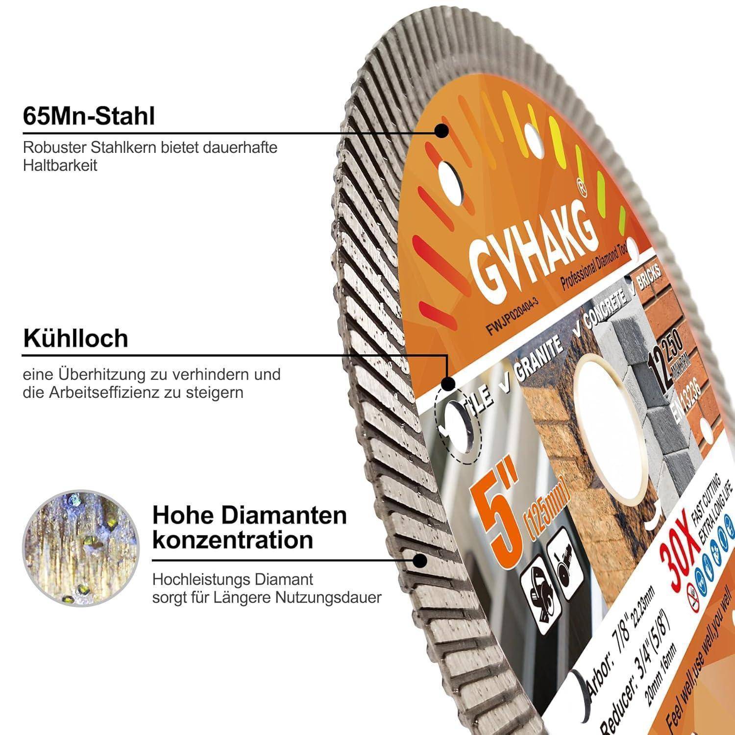 Diamanttrennscheibe Turbo Dünn Fliesen Granit Marmor Beton 125MM 3