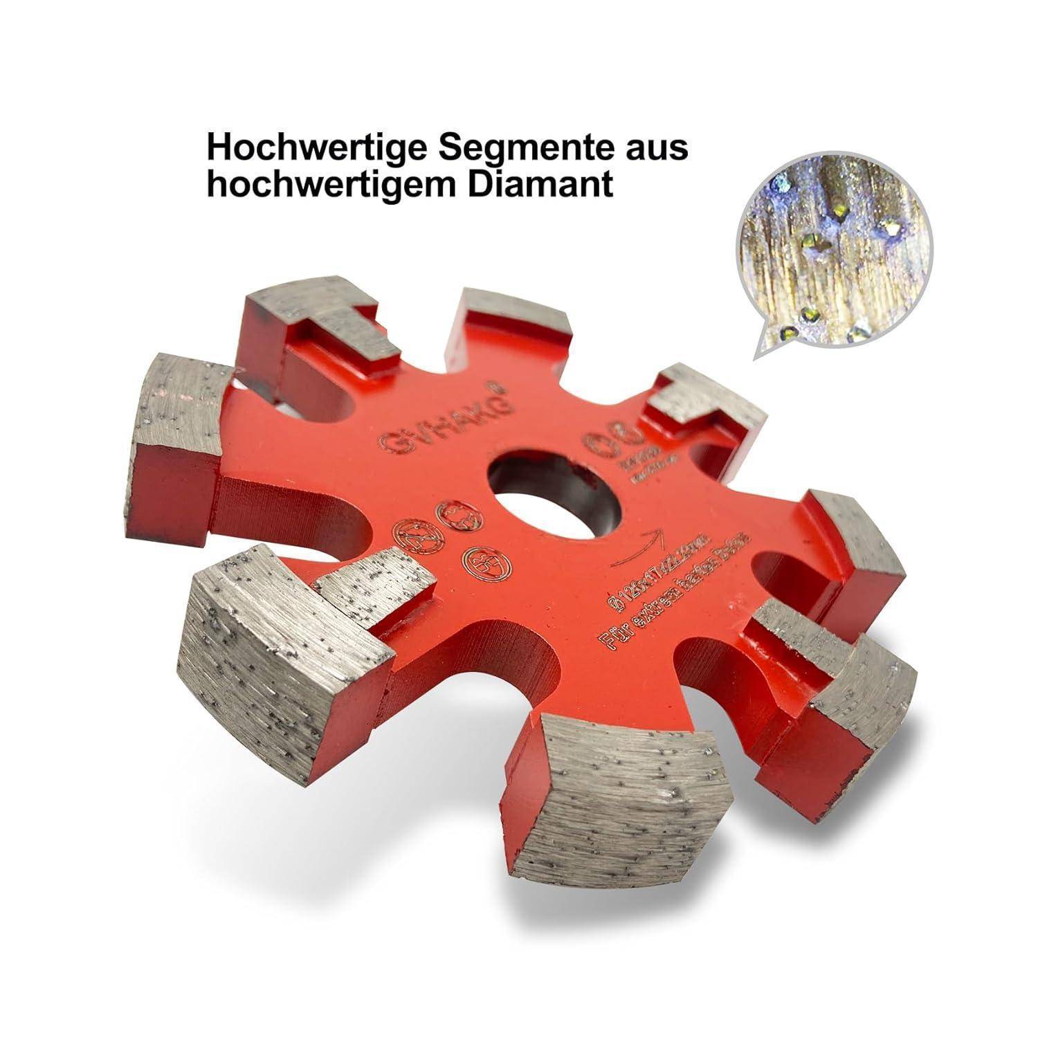 Rot, sechssegmentiges Diamantblatt zum Schneiden, mit Text 'Hochwertige Segmente aus hochwertigem Diamant', der hochwertige Materialien hervorhebt.
