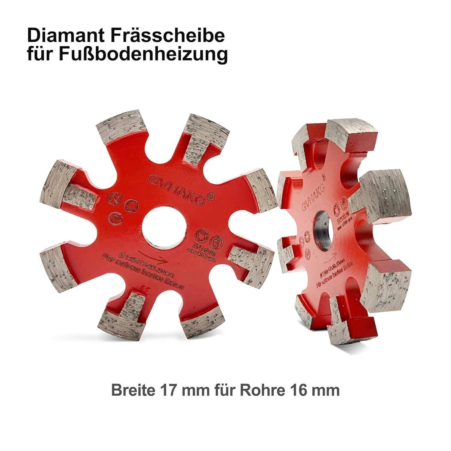 Rote Diamant-Frässcheiben für Fußbodenheizung, 17 mm Breite für 16-mm-Rohre.