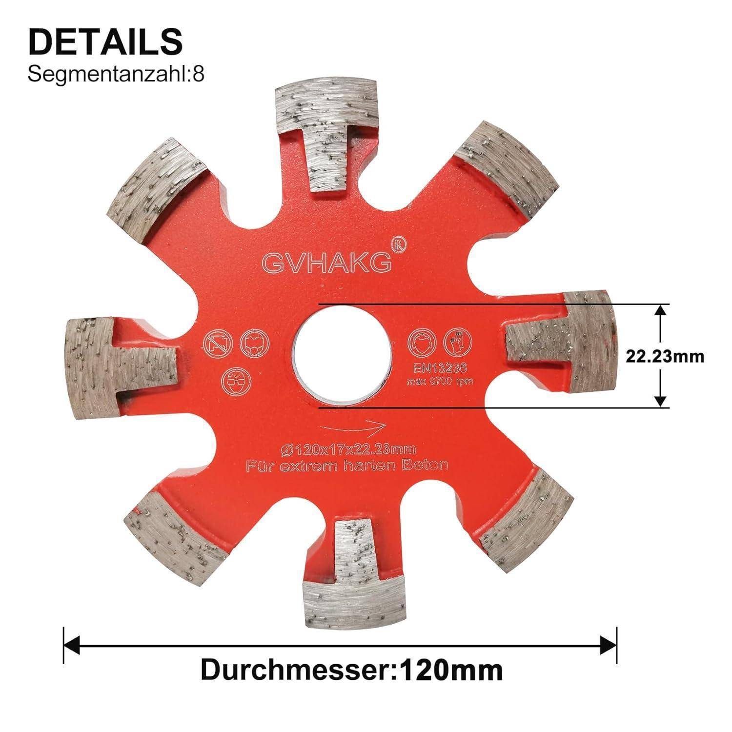 Eine kreisförmige rote Betonkreissägeblatt mit acht segmentierten Zähnen, gekennzeichnet mit 'GVHAKG'. Der Durchmesser beträgt 120 mm und die Bohrung 22,23 mm.