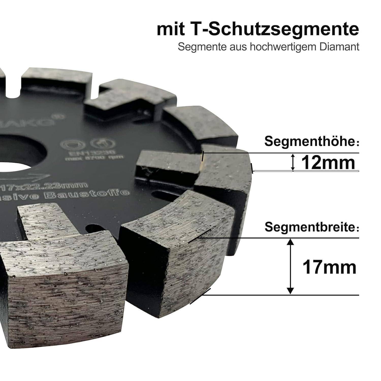 Diamant-Trennscheibe mit T-Schutz-Segmenten, Segmenthöhe von 12 mm und Segmentbreite von 17 mm. Text auf Deutsch beschreibt das Material.