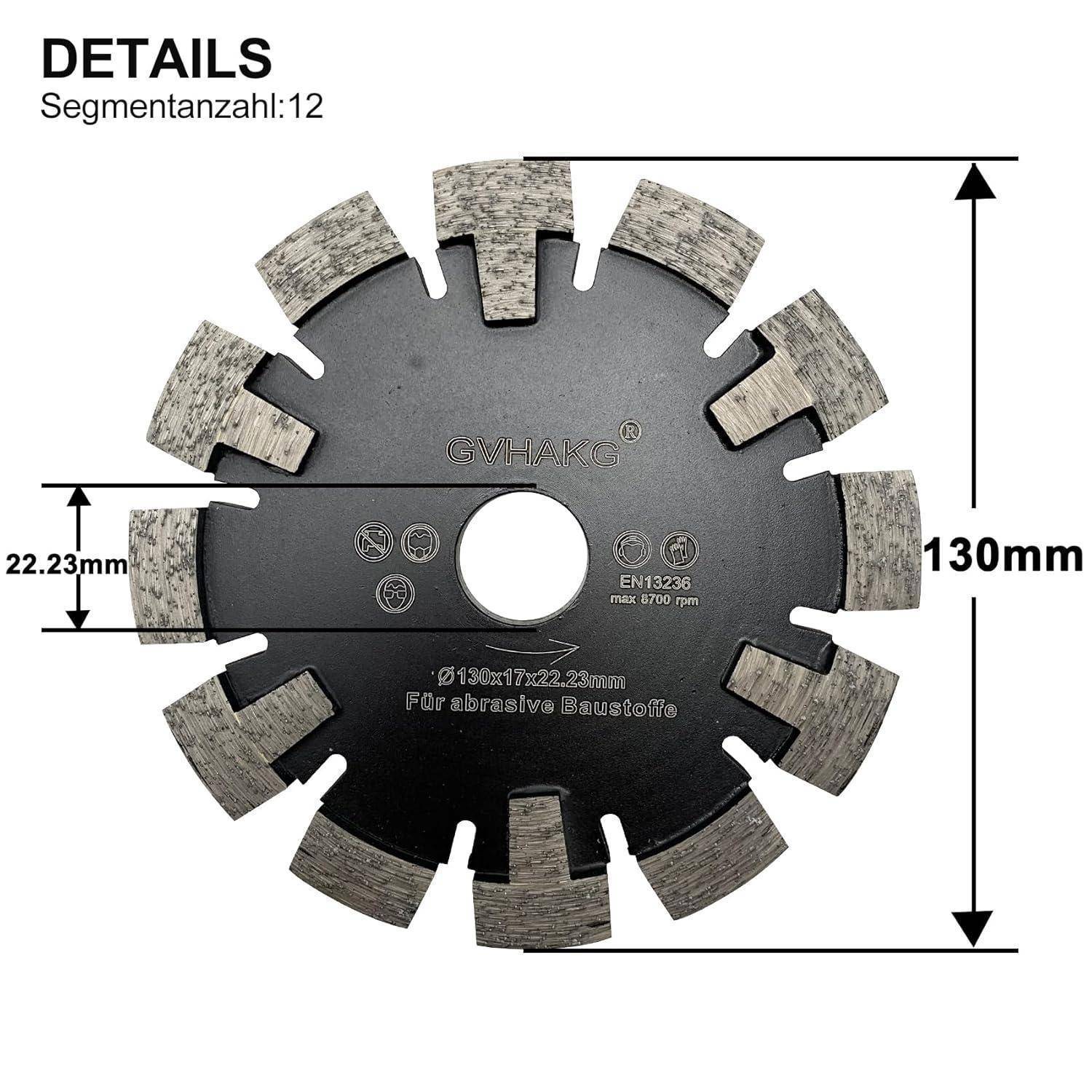Eine Kreissägeblatt mit der Markierung 'GYHAKO', 130 mm Durchmesser, 22,23 mm Aufnahmedurchmesser, mit 12 Segmenten, verwendet für Schleifmaterialien.