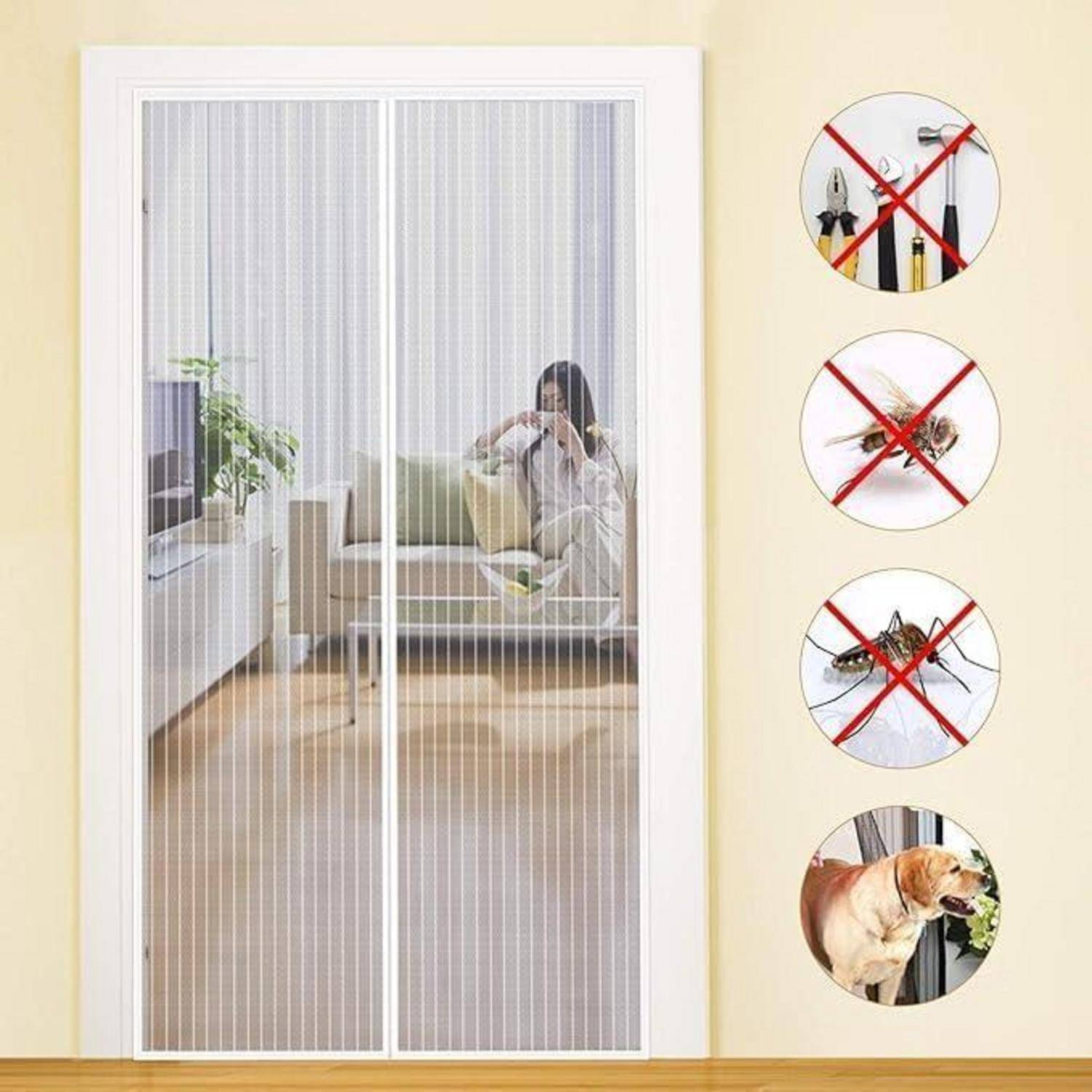 Ein Wohnzimmer mit einer magnetischen Fliegengittertür. Eingesetzte Bilder zeigen, wie sie Werkzeuge, Insekten und einen Hund daran hindert, durch das Gitter einzudringen.