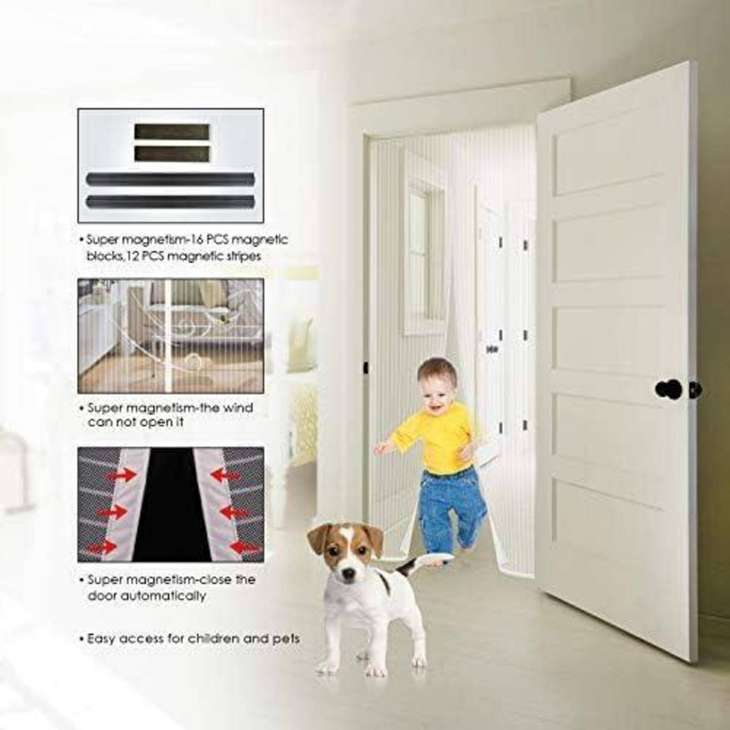 Kind und Hund gehen durch eine magnetische Fliegengittertür. Texthervorhebungen zeigen Eigenschaften: windresistent, automatischer Verschluss, einfach für Kinder und Haustiere.