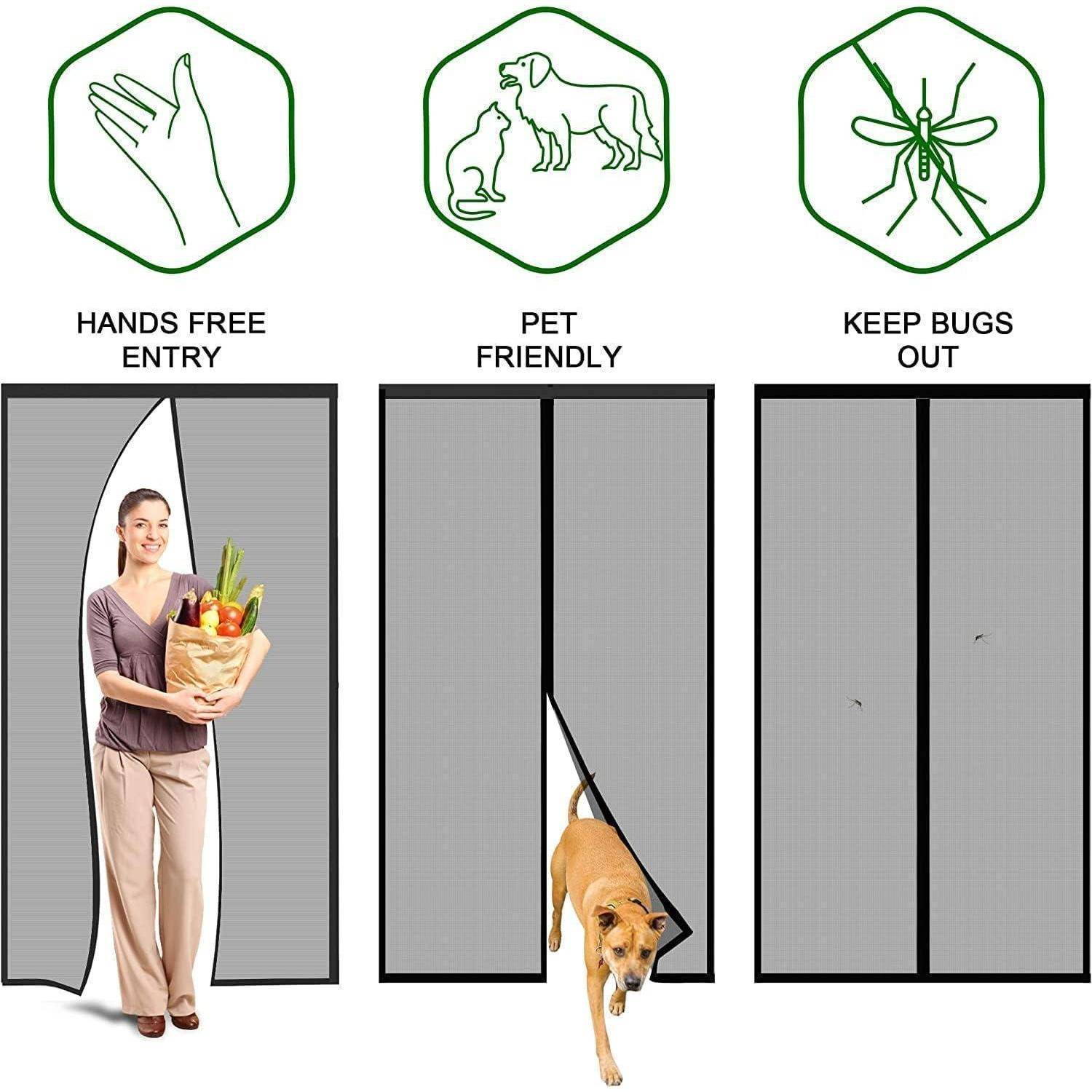 Das Bild präsentiert einen berührungslosen Eingangstürbehang, ein haustierfreundliches Design sowie Vorteile zur Insektenabwehr, dargestellt mit Symbolen und Illustrationen.