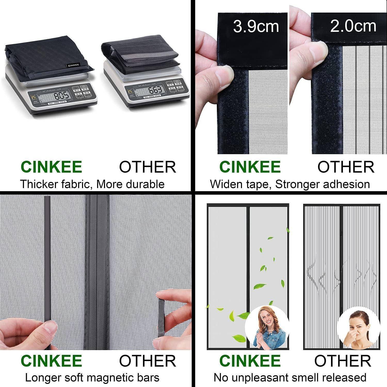 Vergleich von CINKEE und ANDEREN mit visuellen Darstellungen: CINKEE bietet dickeren Stoff, breites Band, lange weiche Magnetstäbe, keinerlei unangenehmen Geruch. ANDERE: geringere Qualitäten dargestellt.