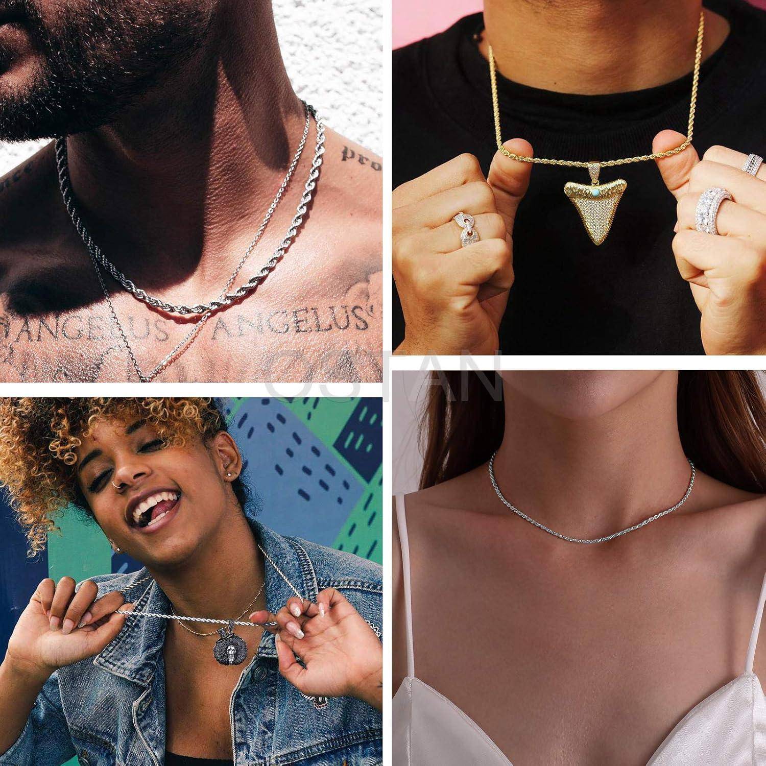 Eine Collage verschiedener Personen, die Halsketten tragen und unterschiedliche Stile und Designs von Schmuck präsentieren.