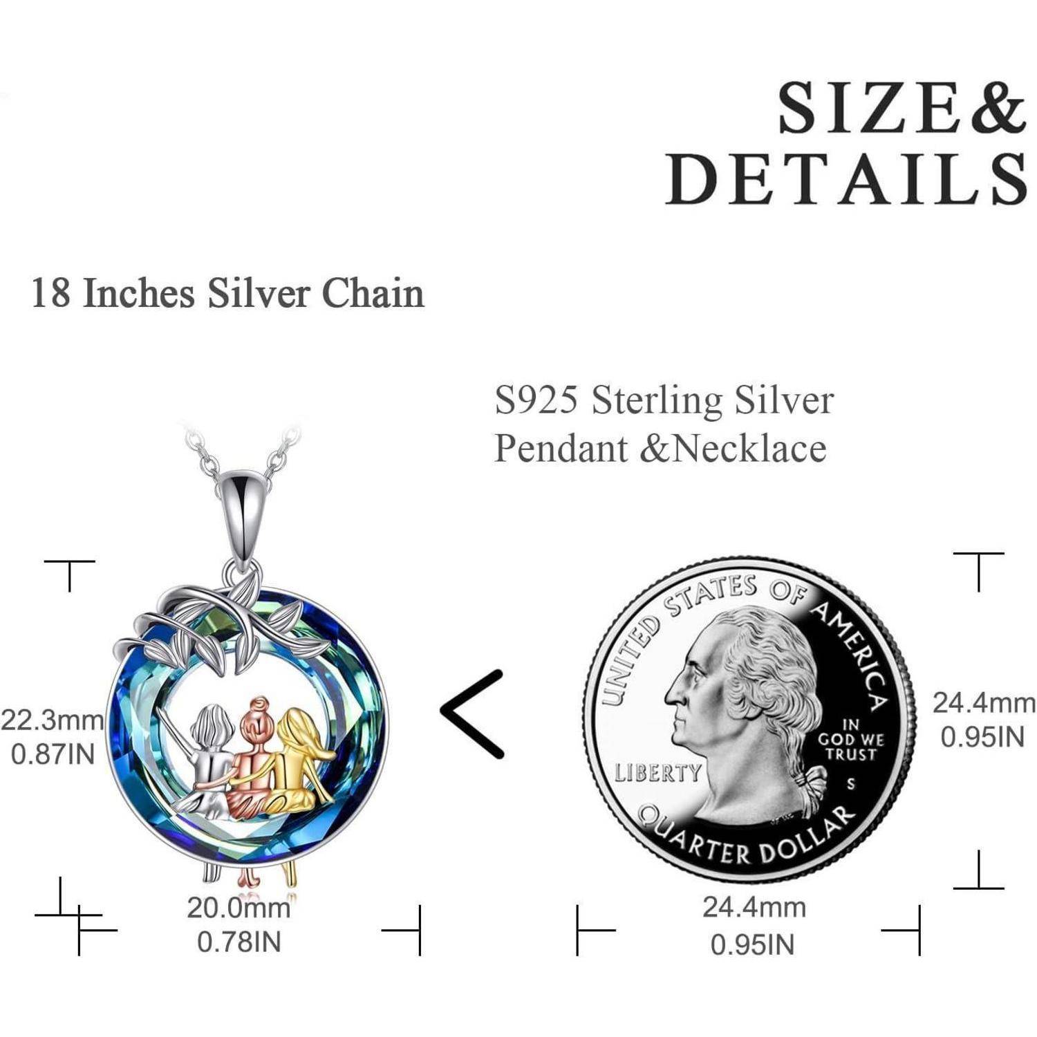"GRÖßE & DETAILS" zeigt einen Anhänger und eine Halskette aus 925er Sterlingsilber im Vergleich zu einem US-Quarter. Abmessungen: 22,3 mm x 20,0 mm. Kettenlänge: 18 Zoll.