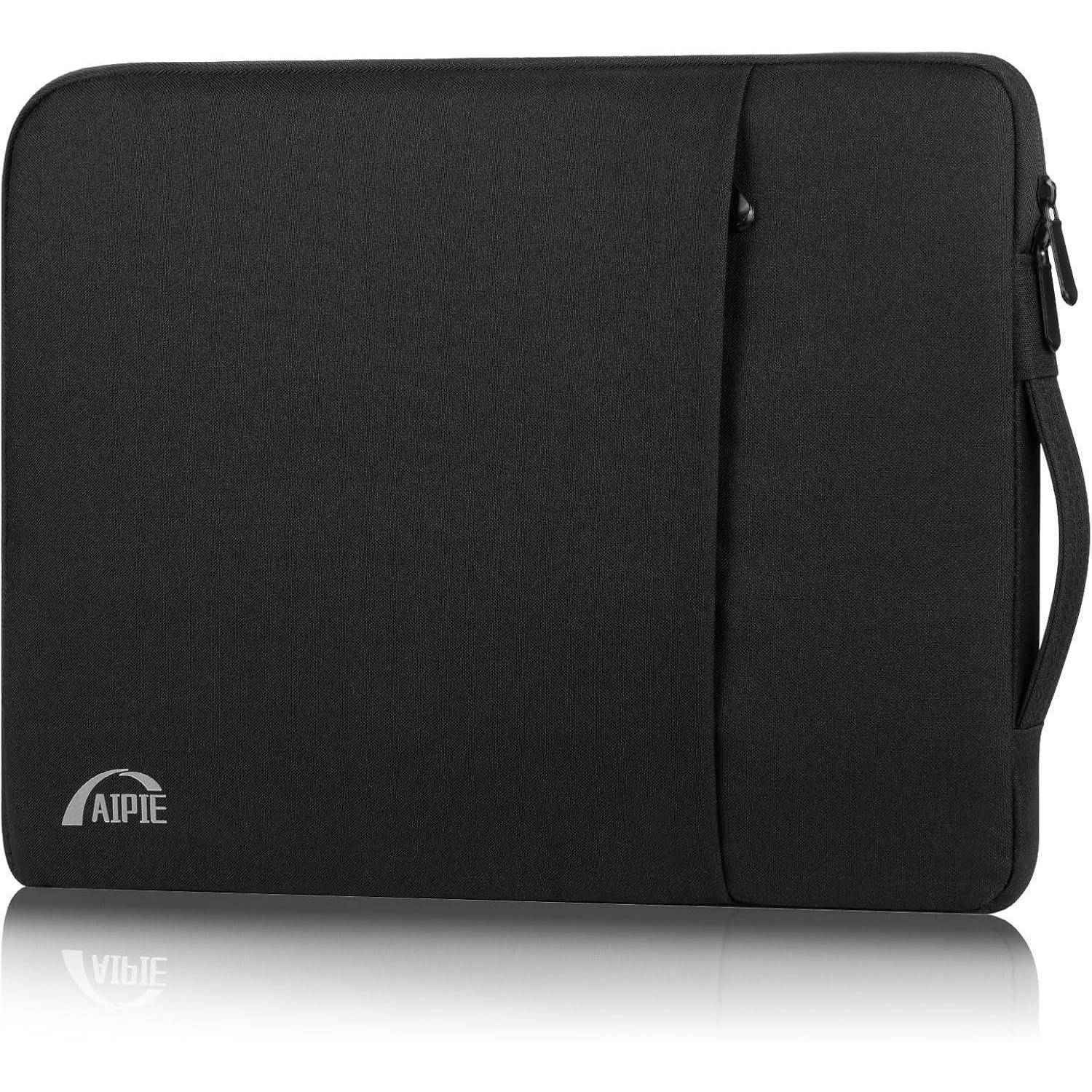 Eine schwarze Laptophülle mit einer Reißverschlusstasche und einem Griff an der Seite, mit dem Markenlogo 'AIPIE' in der unteren Ecke.