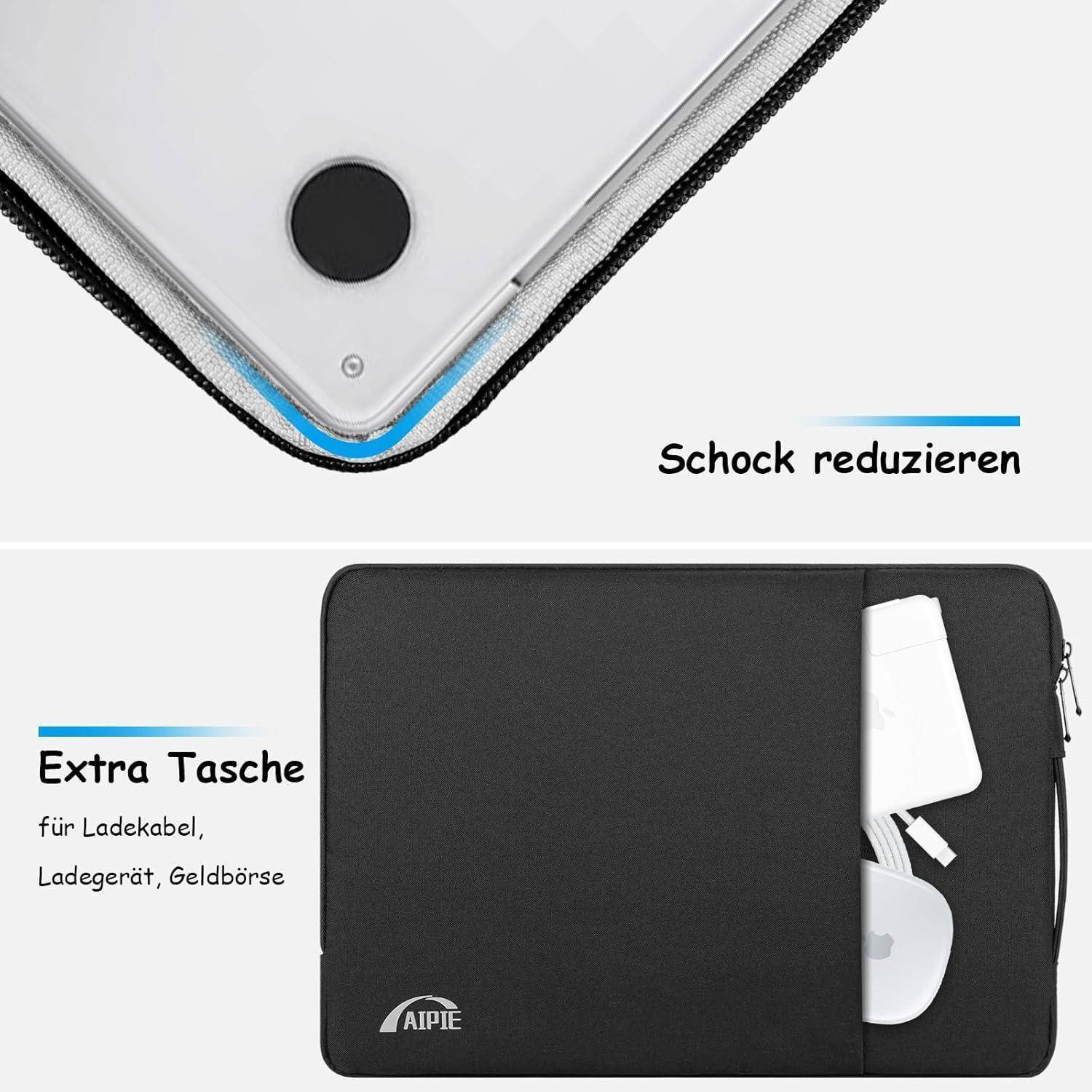 Schock reduzieren' und Zusatztasche für 'Ladekabel, Ladegerät, Geldbörse' auf einer schlanken schwarzen und grauen Laptophülle.
