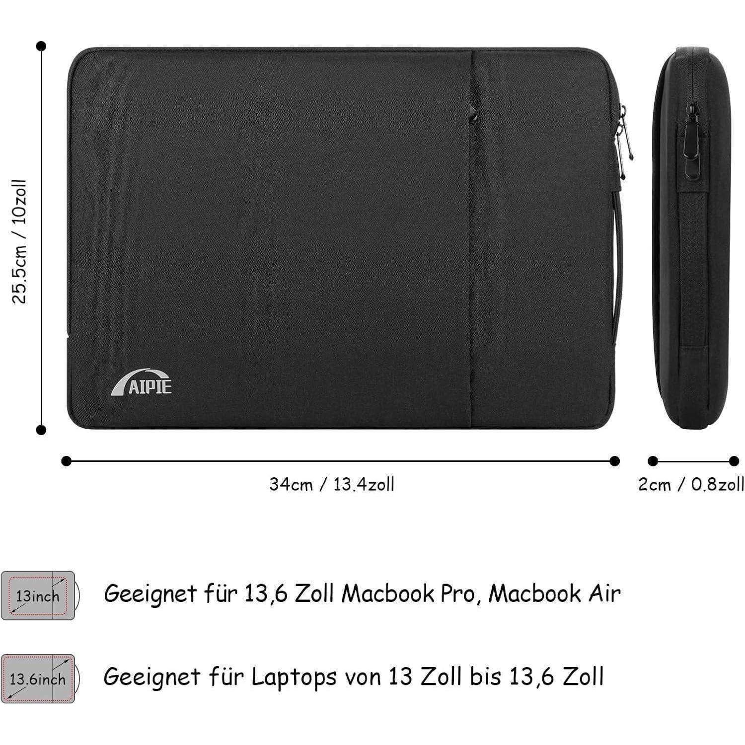 Schwarze Laptoptasche mit Reißverschluss, passend für 13,6-Zoll MacBook Pro/Air. Abmessungen: 34cm x 21,55cm x 2cm. Text lautet: 'Geeignet für Laptops von 13 Zoll bis 13,6 Zoll'.