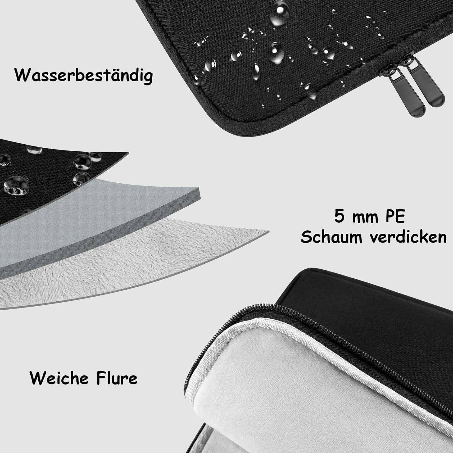 Wasserdicht' text above layers showing water-resistant material, '5 mm PE-Schaum verstärken' text beside thickened foam layer, 'Weicher Futterstoff' text below soft lining layer of a laptop sleeve.