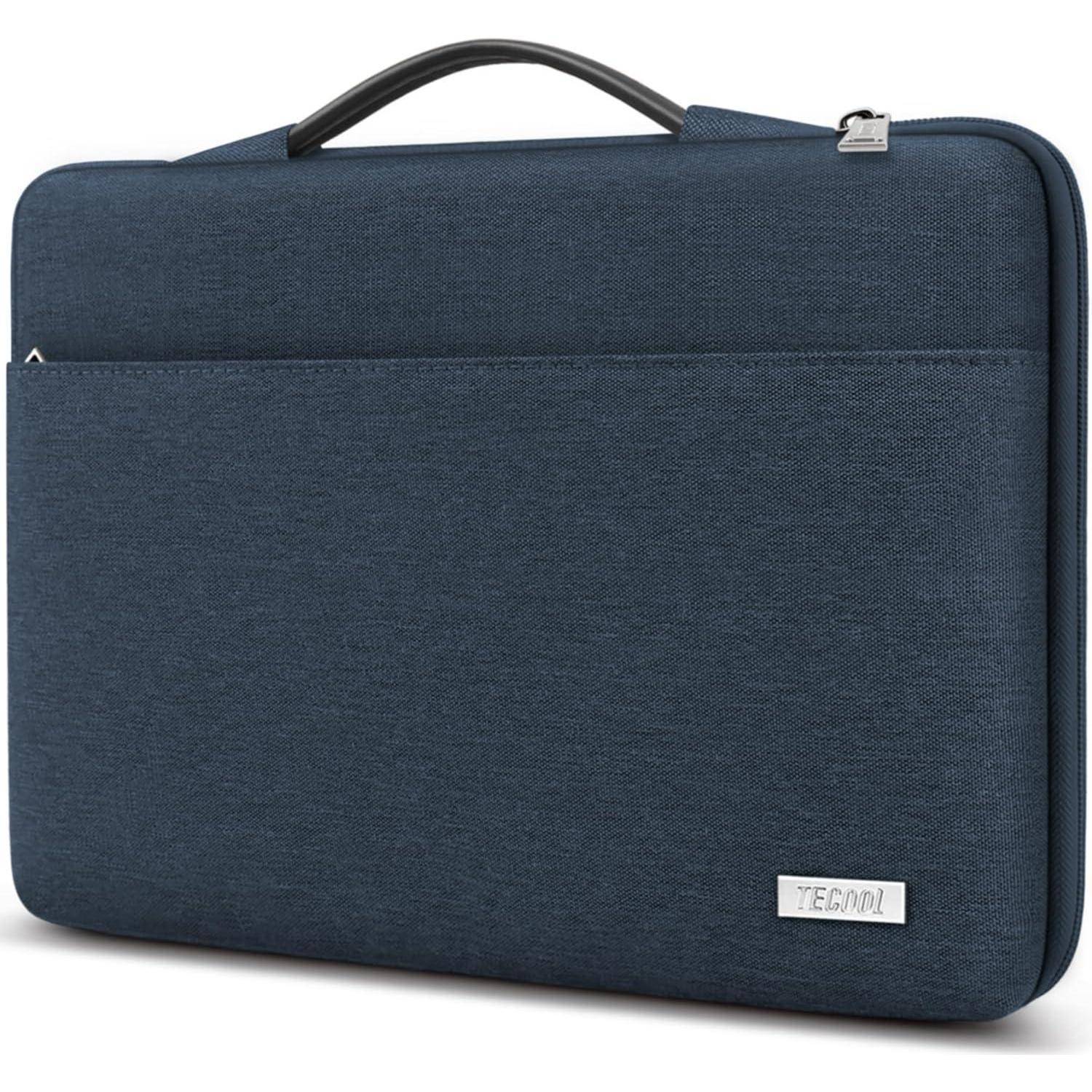 Eine marineblau Laptoptasche mit einem schlanken Griff und einer Vordertasche. Das Markenlabel 'TECMIYO' ist in der unteren rechten Ecke sichtbar.
