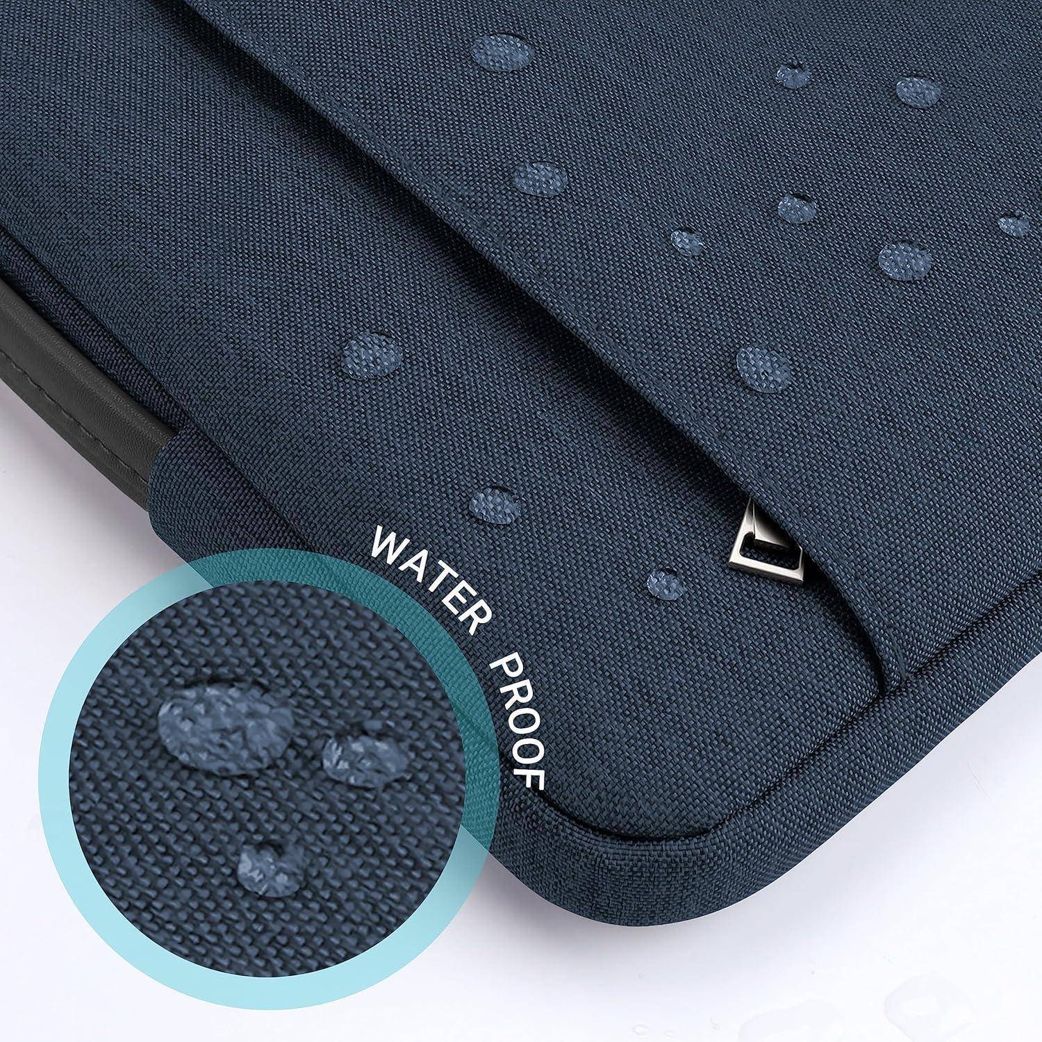 Wassertropfen auf einem dunkelblauen wasserdichten Stoff, der die Wasserbeständigkeit des Materials veranschaulicht. Einschub zeigt eine detaillierte Nahaufnahme der Tropfen.