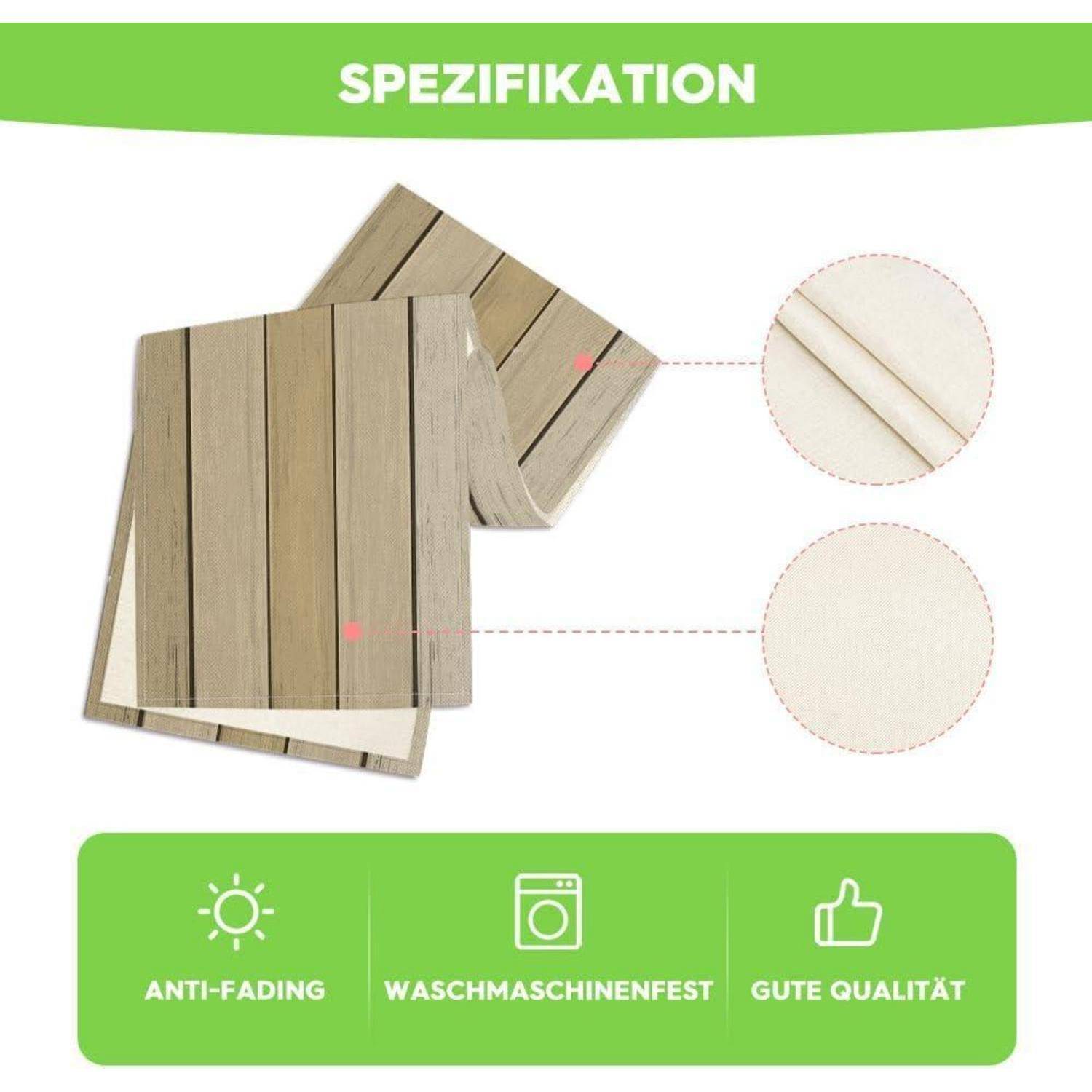 Spezifikation' Bild, das zwei gefaltete Stoffe zeigt, die Holzplanken ähneln und deren Textur hervorheben. Symbole darunter signalisieren 'Ausbleichbeständig', 'Maschinenwäschetauglich', 'Hochwertig'.