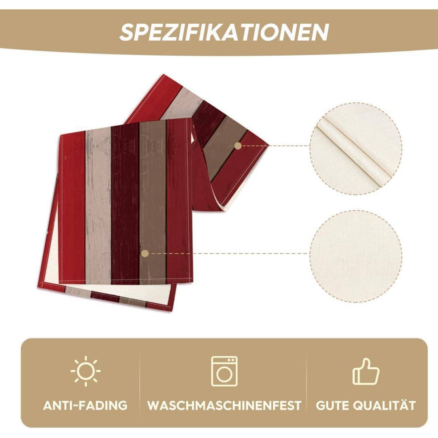 Spezifikationen' präsentiert Stoffmuster in Rot, Braun und Beige. Merkmale umfassen Farbechtheitsgarantie, Maschinenwäsche und hochwertige Qualität.