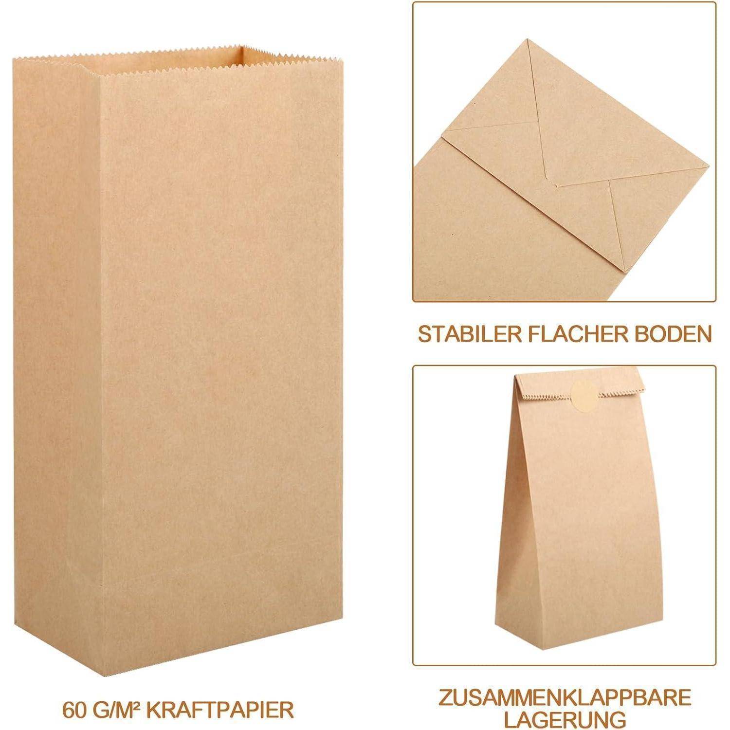 Braune Kraftpapiertüte mit stabilem Standboden und zusammenlegbarer Aufbewahrung. Hergestellt aus 60 g/m² Kraftpapier.