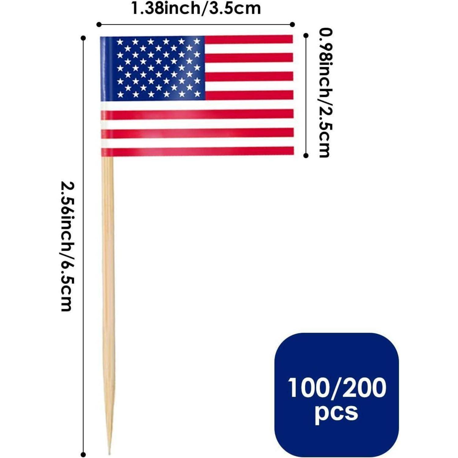 Bild einer kleinen amerikanischen Flagge als Zahnstocher, misst 1,38 Zoll x 2,5 Zoll. Verpackung enthält 100 oder 200 Stück.