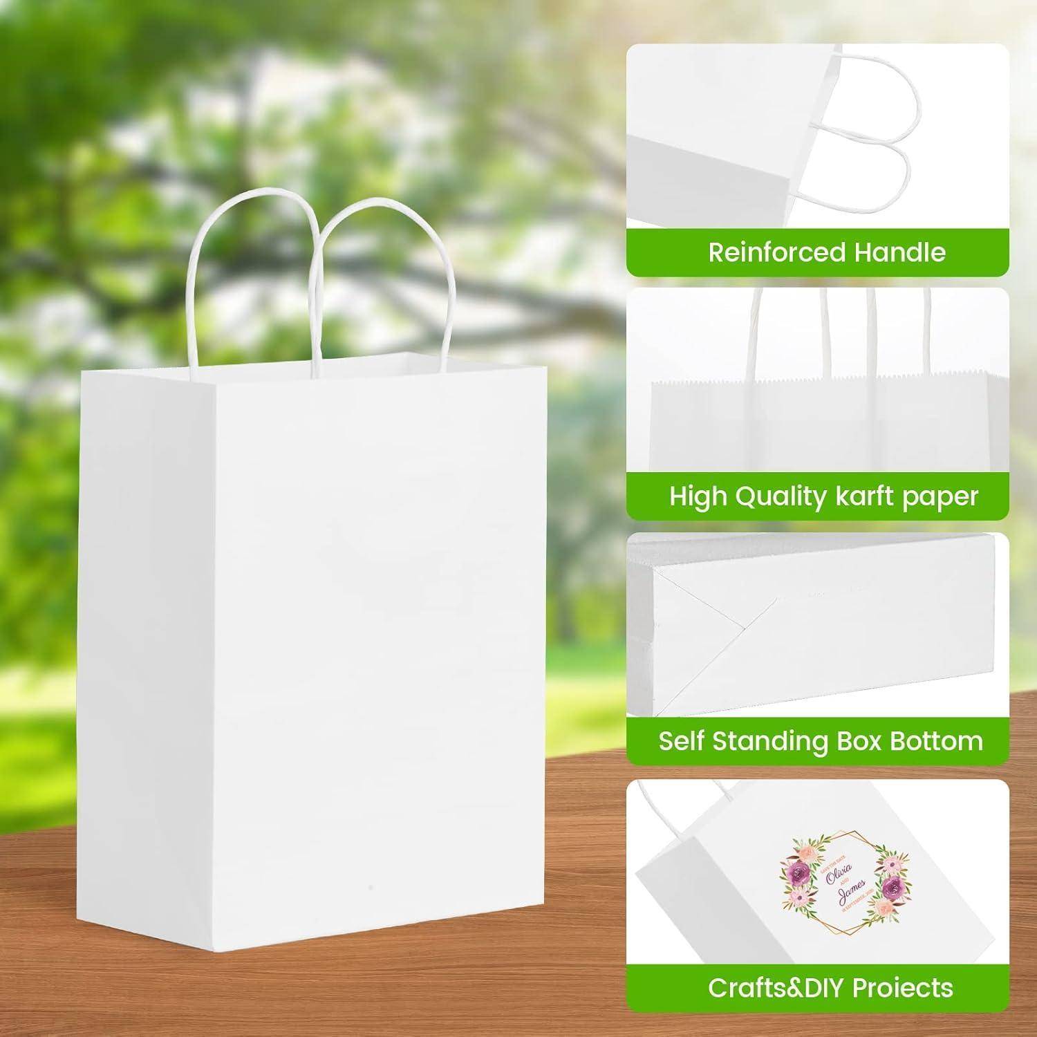 Eine weiße Geschenktüte aus einem Kraftpapier in hoher Qualität mit verstärktem Griff. Verfügt über einen selbststehenden Bodenboden, geeignet für Bastel- und DIY-Projekte.