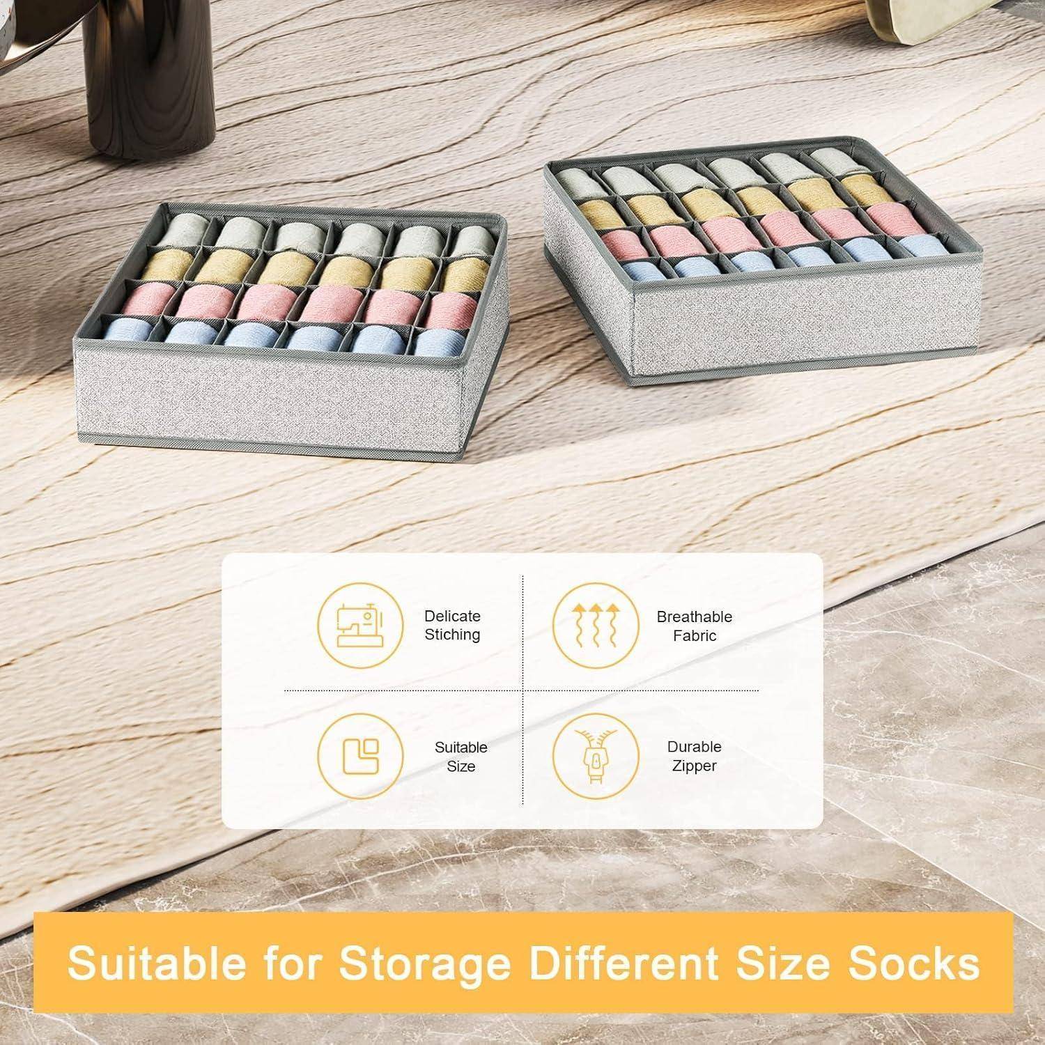 Sockenaufbewahrungsboxen mit sauber aufgerollten Socken. Text auf dem Bild lautet: „Geeignet zur Aufbewahrung von Socken verschiedener Größen