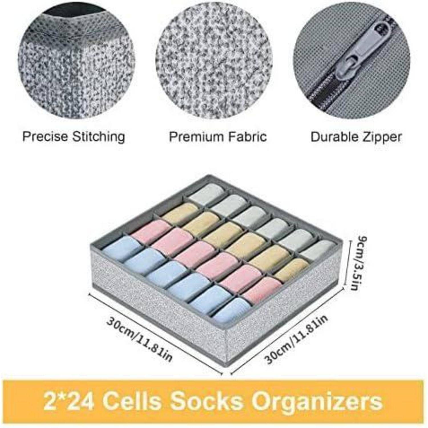 24*2 Zellen Socken-Organizer mit präziser Stickerei, hochwertigem Stoff und strapazierfähigem Reißverschluss, mit den Maßen 30cm x 30cm x 9cm.