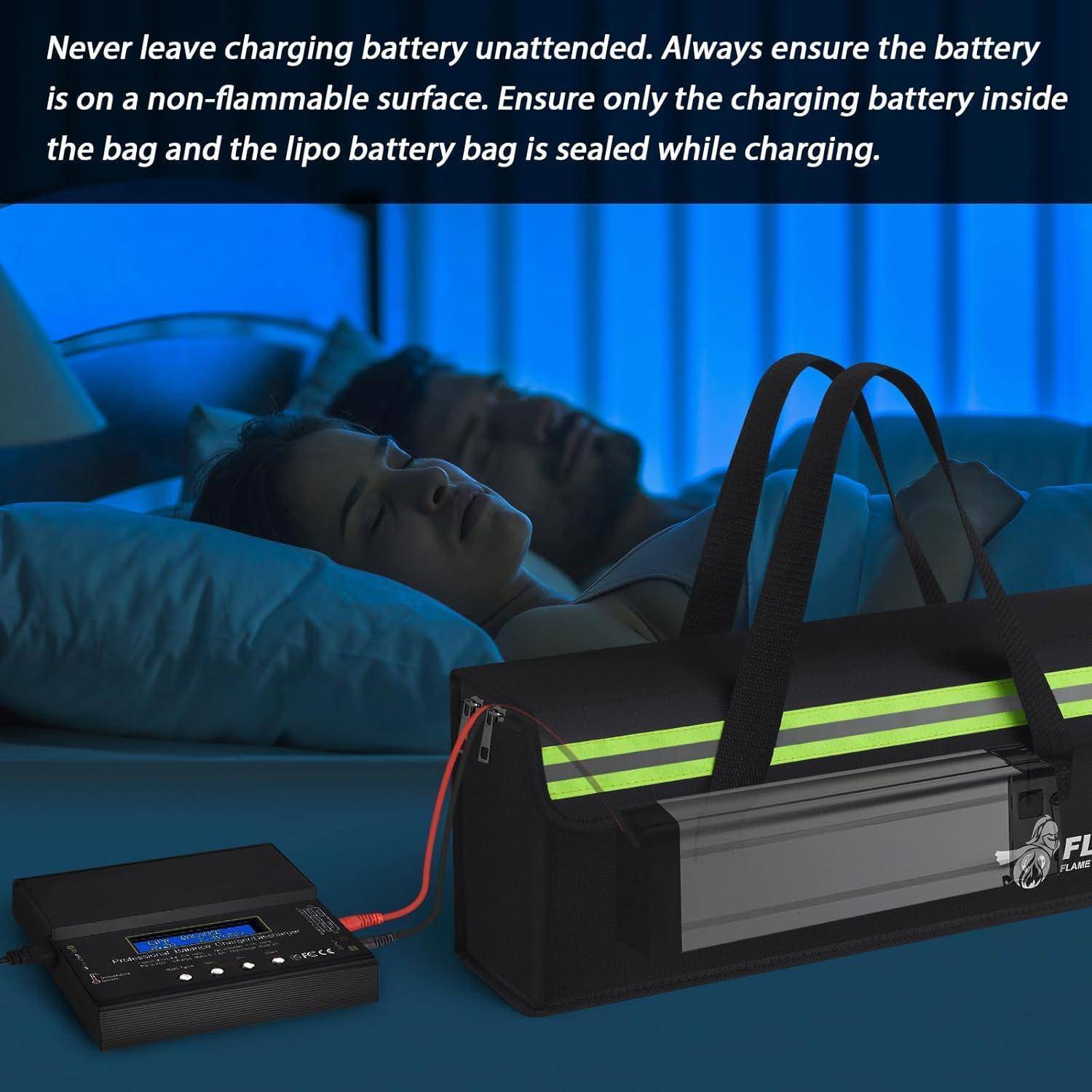 „Lassen Sie eine ladende Batterie niemals unbeaufsichtigt. Stellen Sie immer sicher, dass die Batterie in einem nicht entflammbaren Ladebeutel oder -behälter ist.
