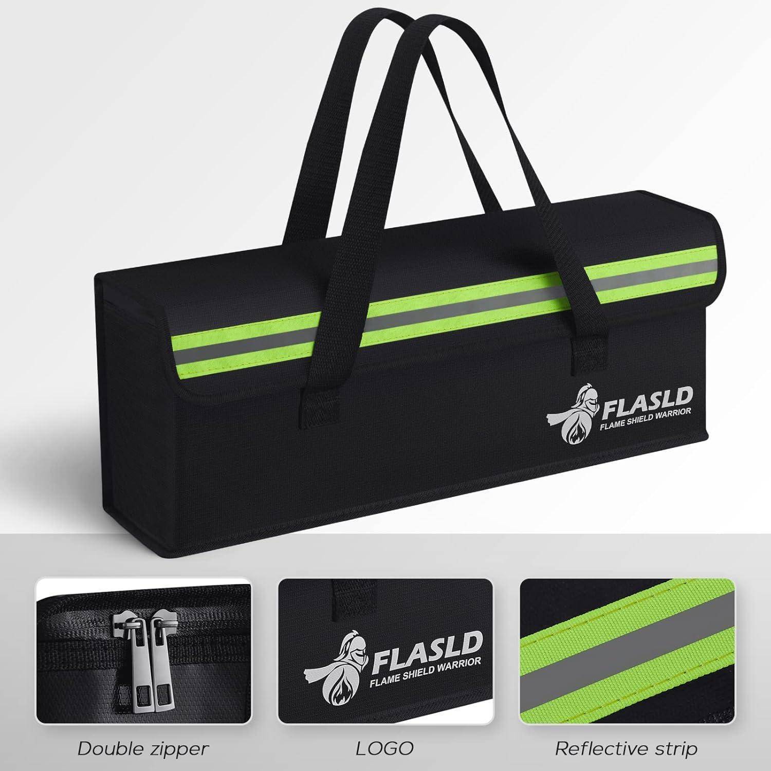 Schwarze isolierte Tasche mit Doppelreißverschluss, Logotext lautet FLASLD Flame Shield Warrior, und ein grüner reflektierender Streifen für Sichtbarkeit.