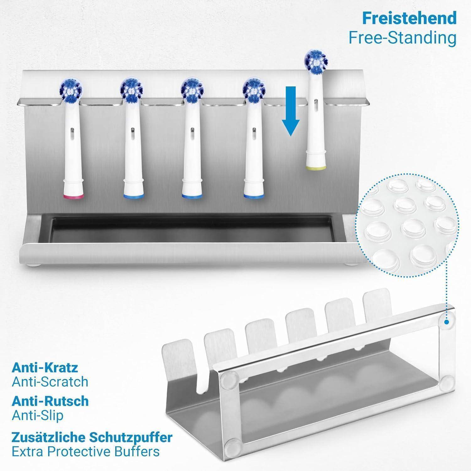 Ein Zahnbürstenhalter, der fünf elektrische Bürstenköpfe mit Metalloberfläche präsentiert. Zu den Merkmalen gehören kratzfeste, rutschfeste und schützende Puffer.