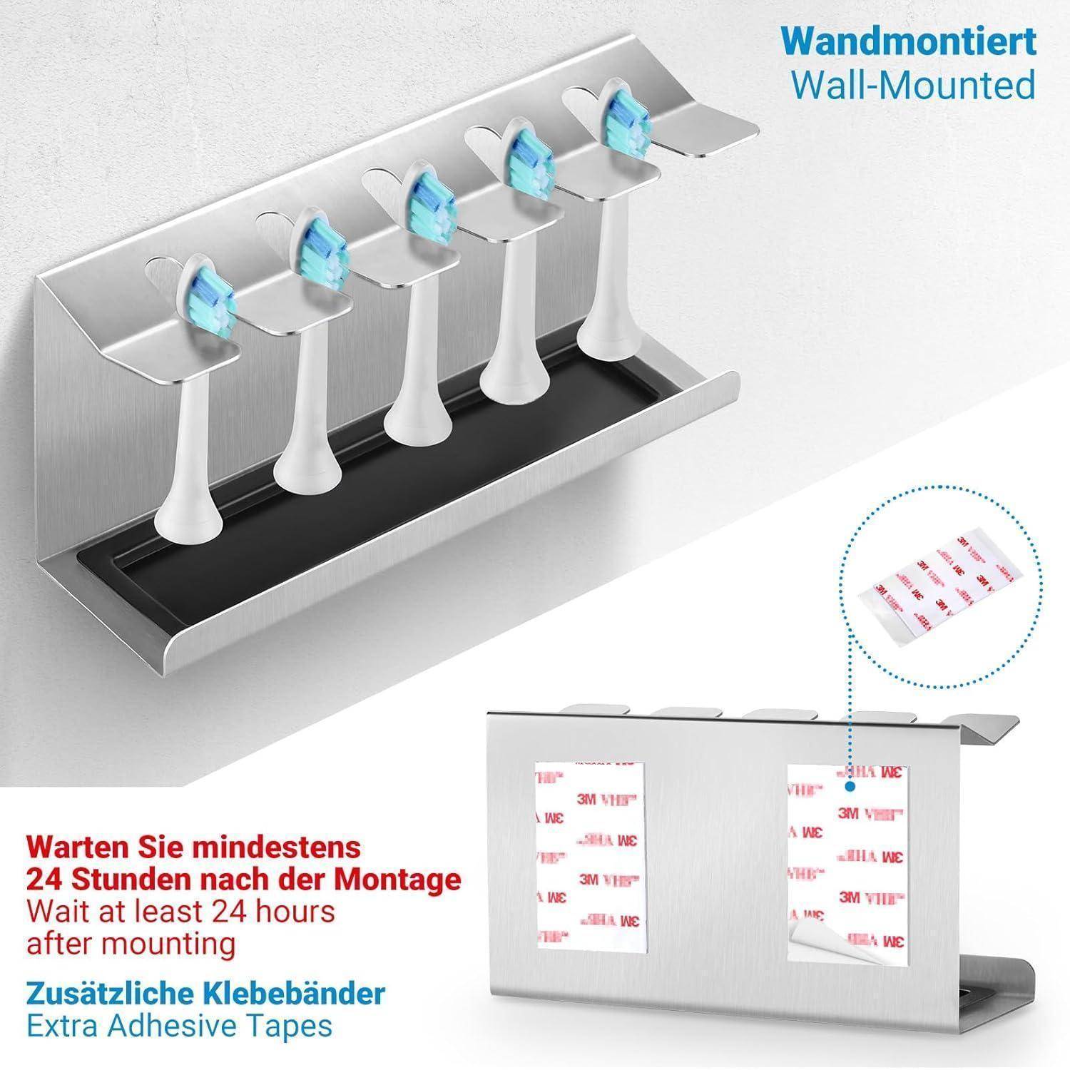 Wandmontiert Wall-Mounted': Ein wandmontierter Zahnbürstenhalter mit vier Fächern, gezeigt mit zusätzlichen Klebestreifen. Anleitung, nach der Montage 24 Stunden zu warten.