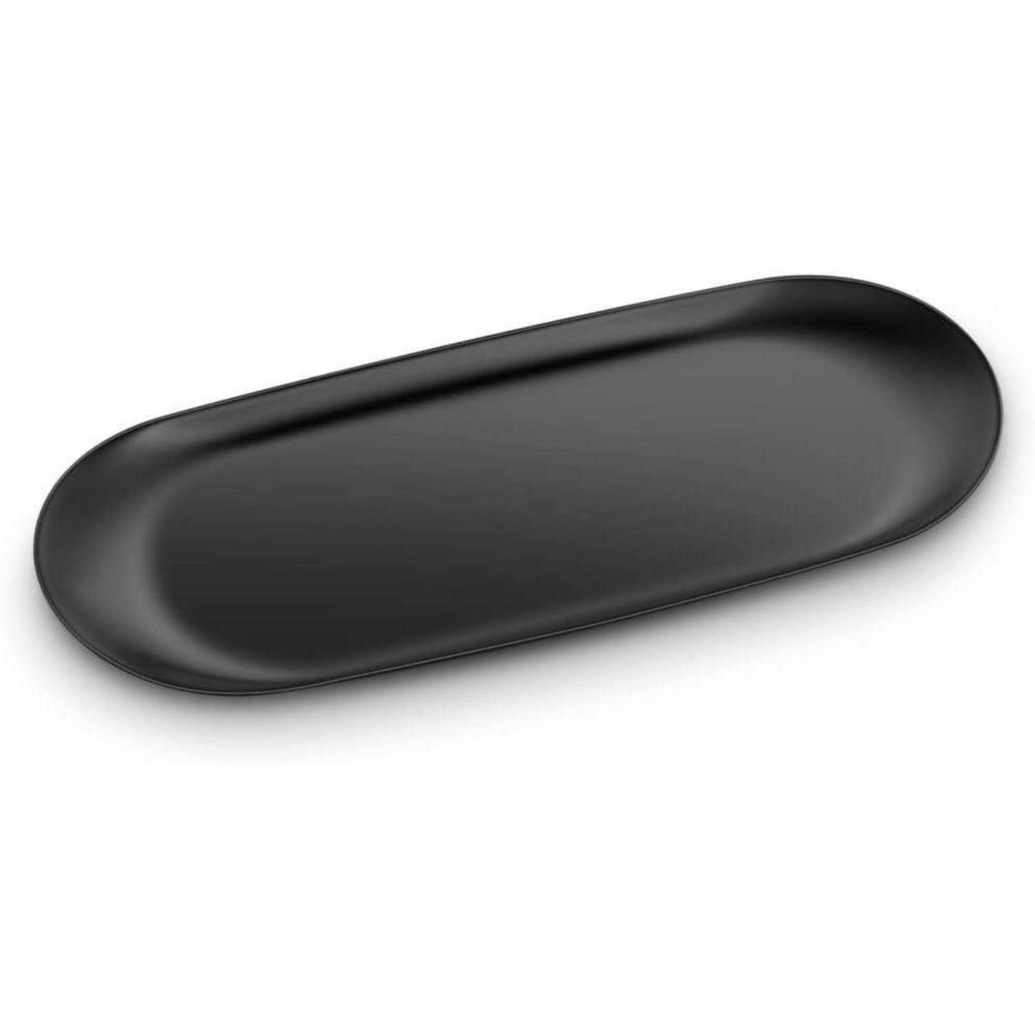Ein matter schwarzer, ovaler Serviertablett auf einem schlichten weißen Hintergrund.