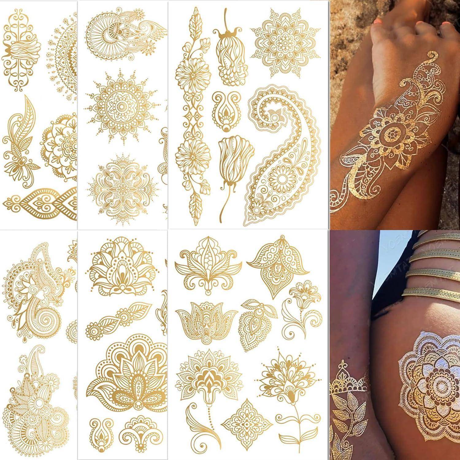Komplizierte Goldene Henna-Designs werden links auf einem Raster angezeigt; rechts sind zwei Arme mit detaillierten Henna-Mustern zu sehen.