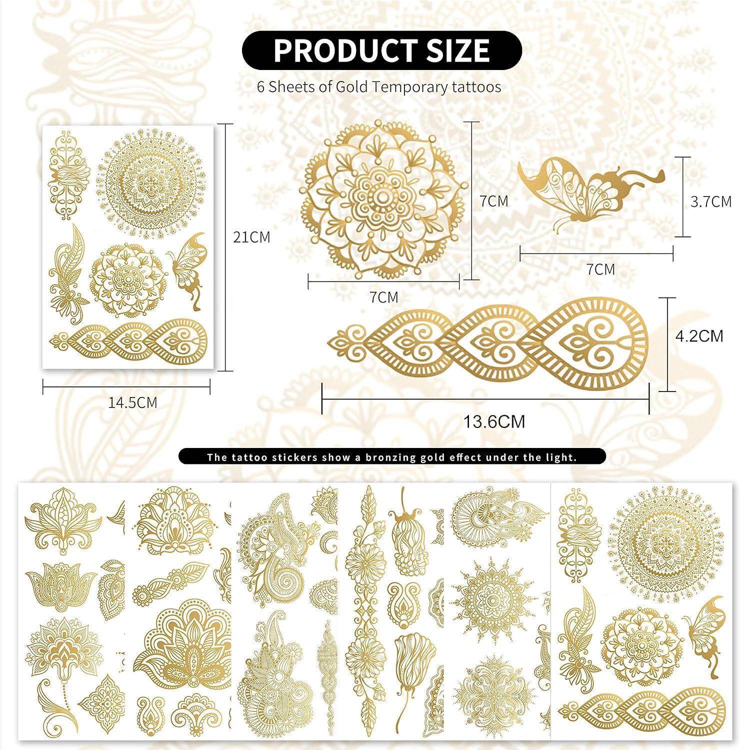 Produktgröße' Display: 6 Bögen goldene temporäre Tattoos mit verschiedenen Blumen- und geometrischen Designs. Sticker zeigen Goldeffekt unter Licht.