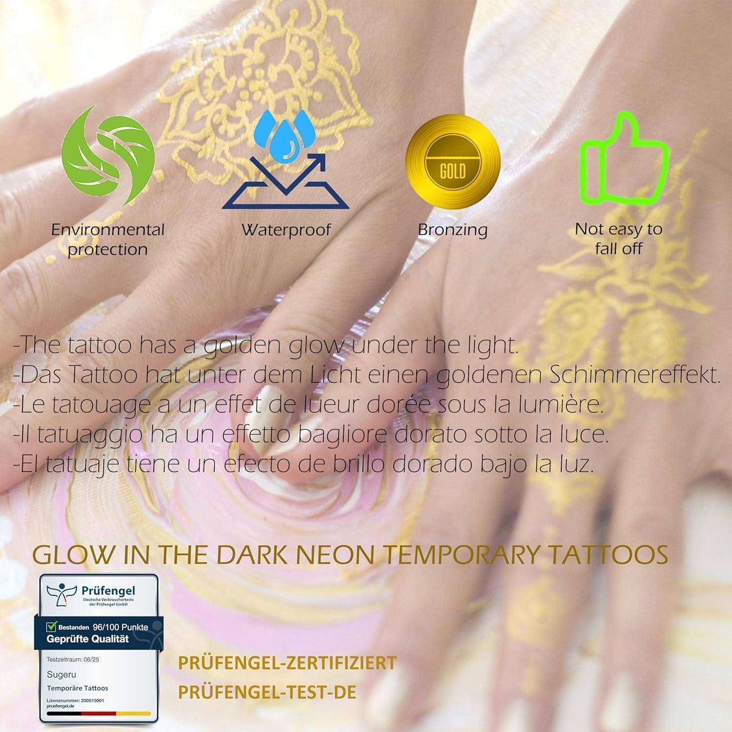Hände mit goldenen temporären Tattoos unter Licht, die einen goldenen Schimmer zeigen. Symbole weisen auf Umweltschutz, Wasserdichtigkeit, Bräunung und Haltbarkeit hin. Text lautet: „Leuchtende Neon-Temporary-Tattoos