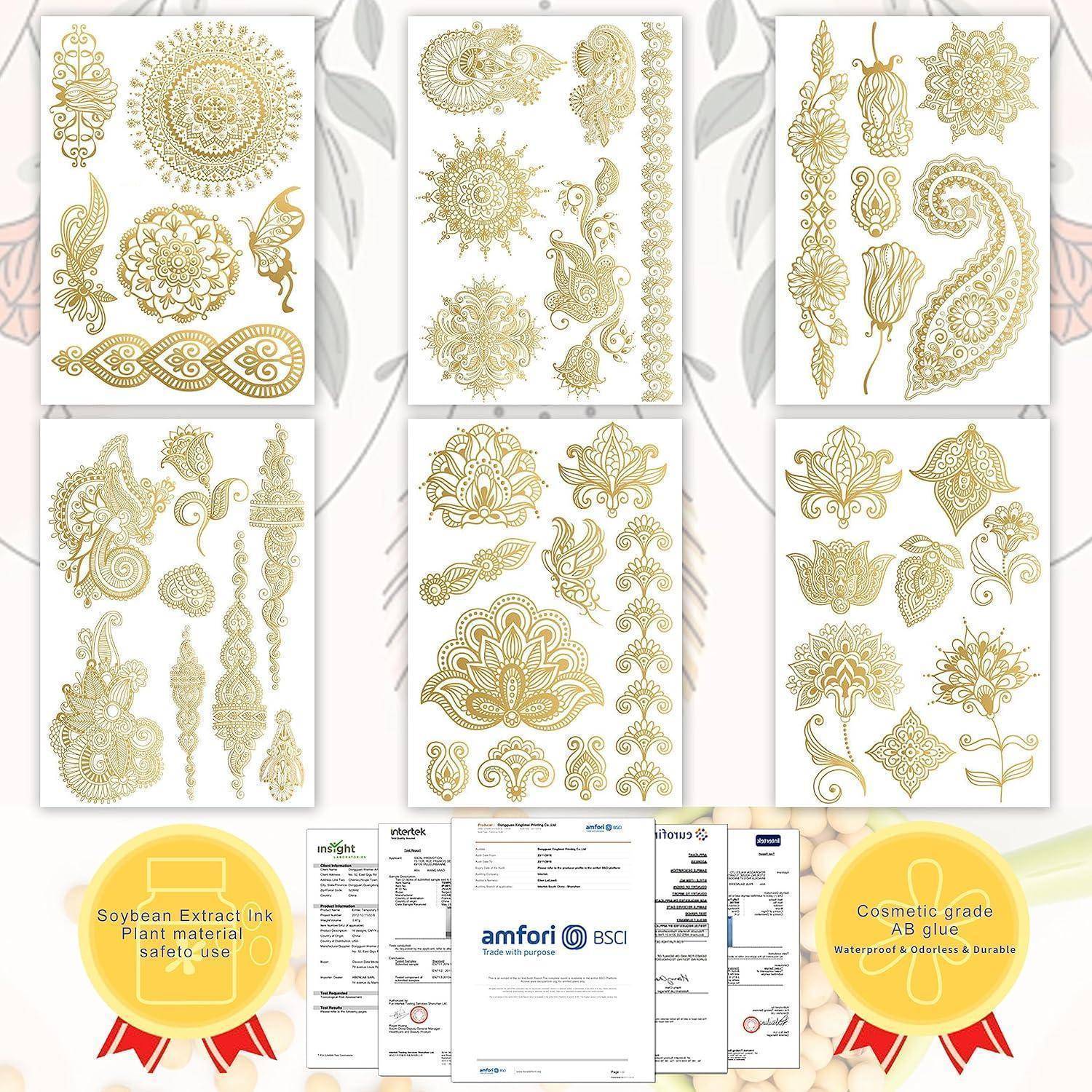 Komplexe Goldblumen- und Paisley-Designs auf sechs Seiten, wahrscheinlich für dekorative Zwecke oder Kunsthandwerk geeignet. Etiketten weisen unten auf Sicherheits- und Authentizitätszertifizierungen hin.